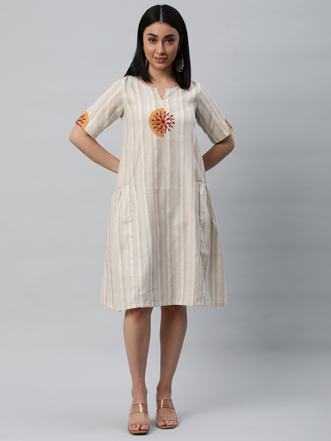 

KAMI KUBI Striped Gathered Cotton A-Line Dress, Beige