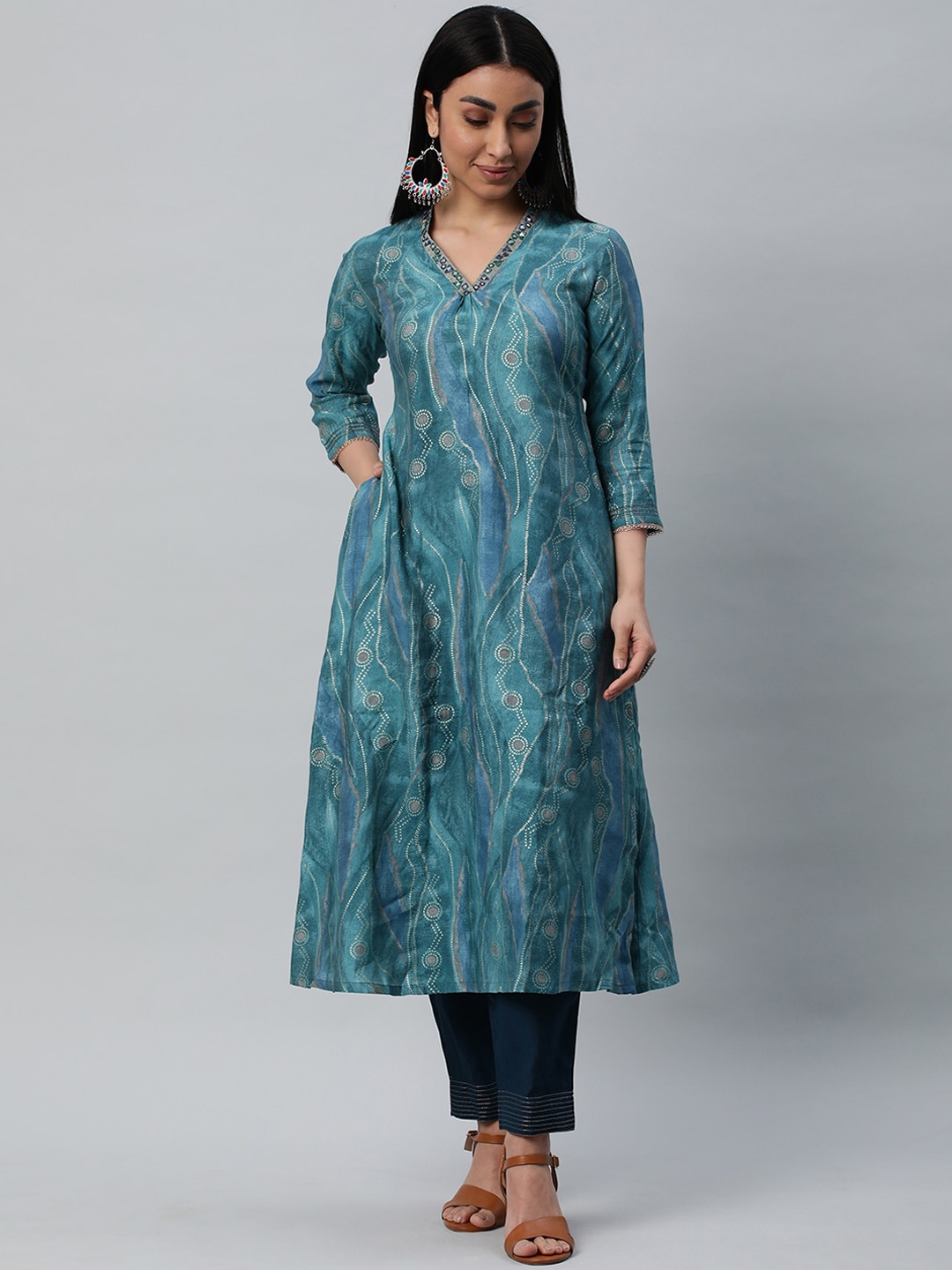 

KAMI KUBI Abstract Printed Mirror Work A-Line Kurta, Blue