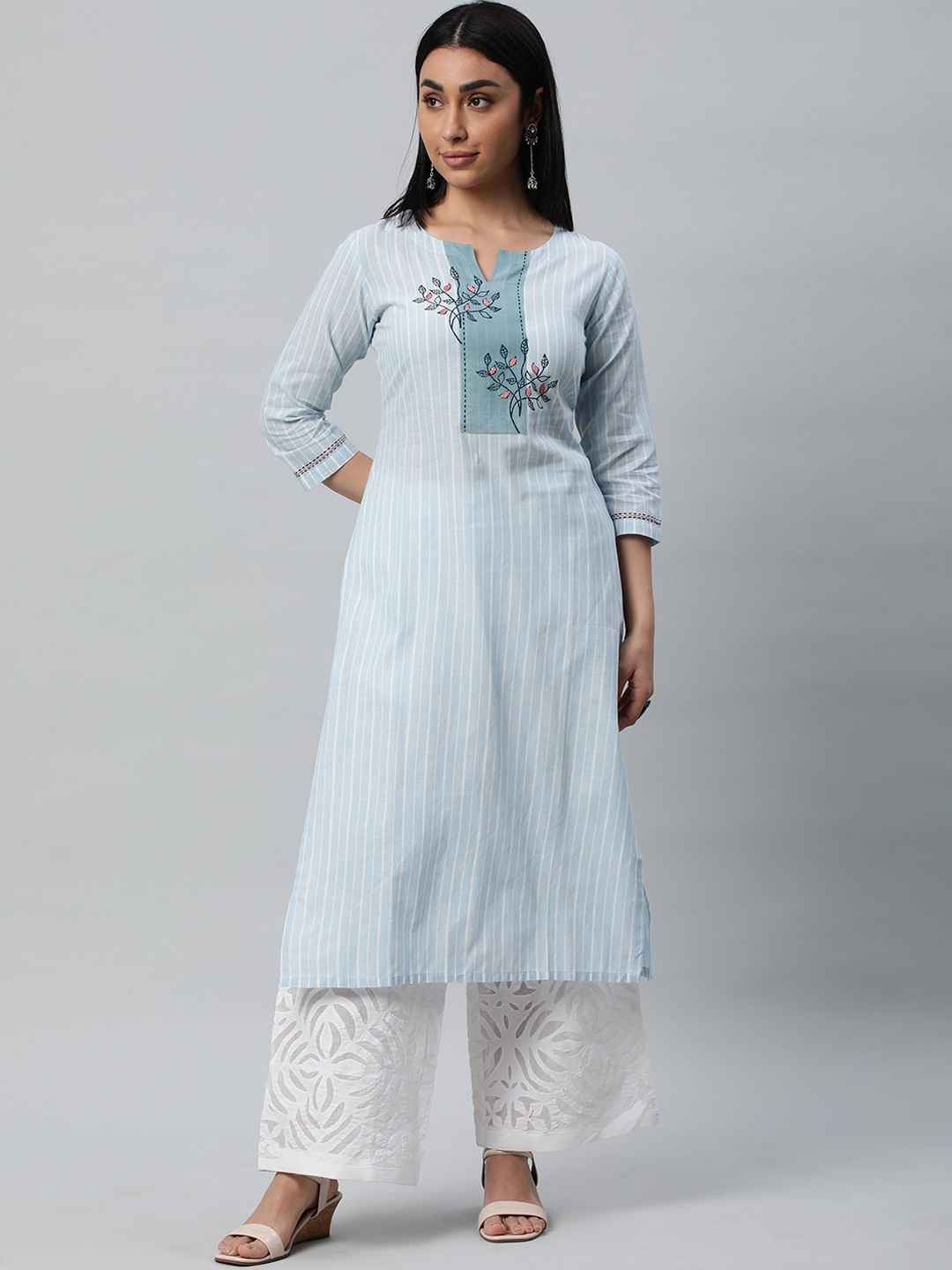 

KAMI KUBI Floral Embroidered Round Neck Cotton Straight Kurta, Blue