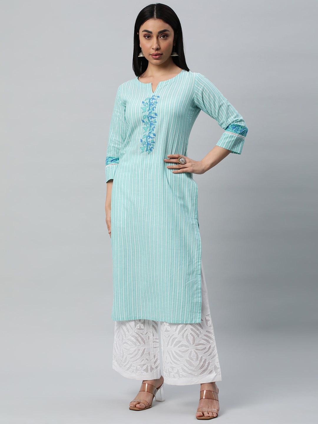 

KAMI KUBI Floral Embroidered Round Neck Cotton Straight Kurta, Blue