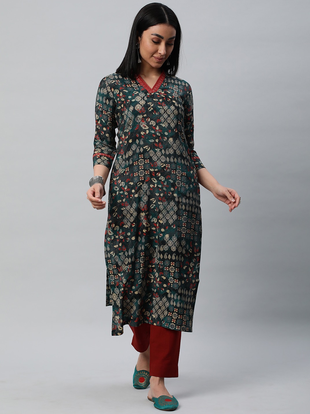

KAMI KUBI Ethnic Motifs Printed Chanderi Silk Kurta, Green