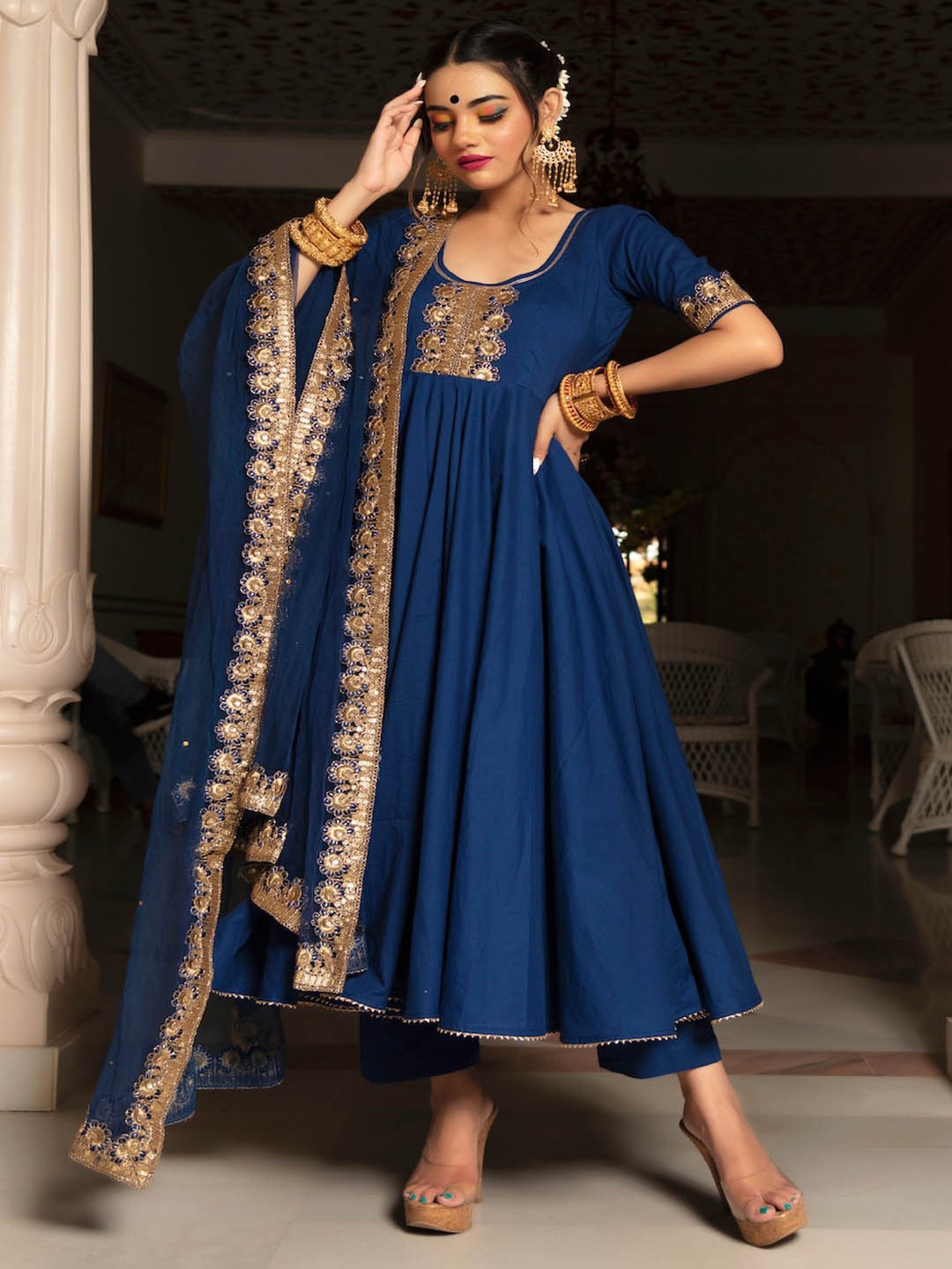 

Pomcha Round Neck Empire Gotta Patti Kurta With Palazzos & Dupatta, Blue