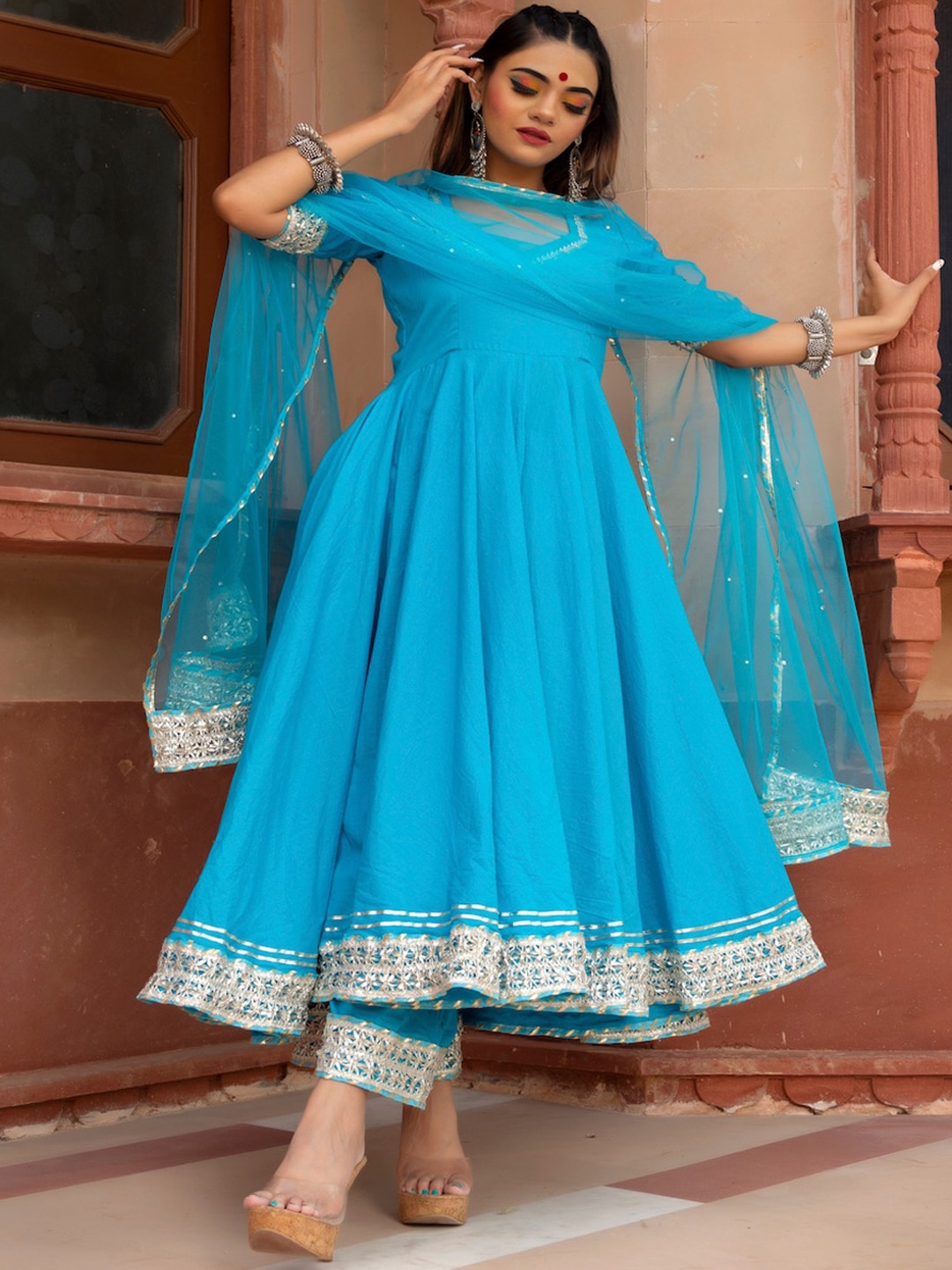 

Pomcha Round Neck Pure Cotton Anarkali Kurta & Trouser With Dupatta, Blue