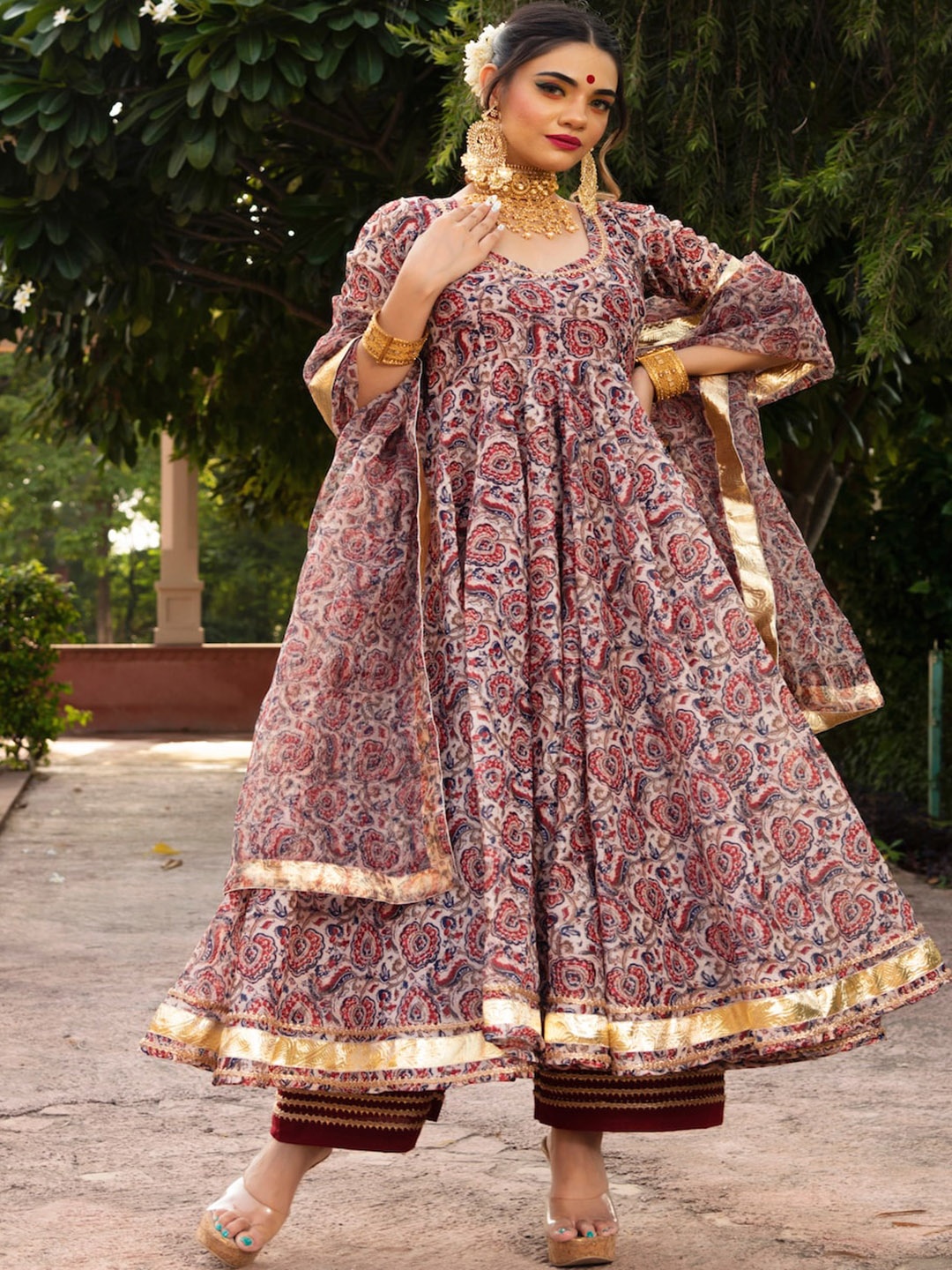 

Pomcha Floral Printed Gotta Patti Pure Cotton Anarkali Kurta & Trouser With Dupatta, Maroon