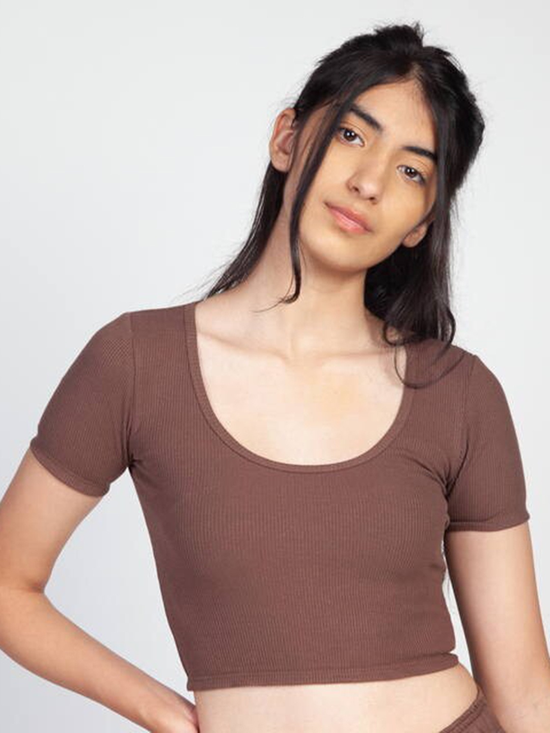 

CAVA Self Design Round Neck Short Sleeves Cotton Ribbed Crop Top, Brown