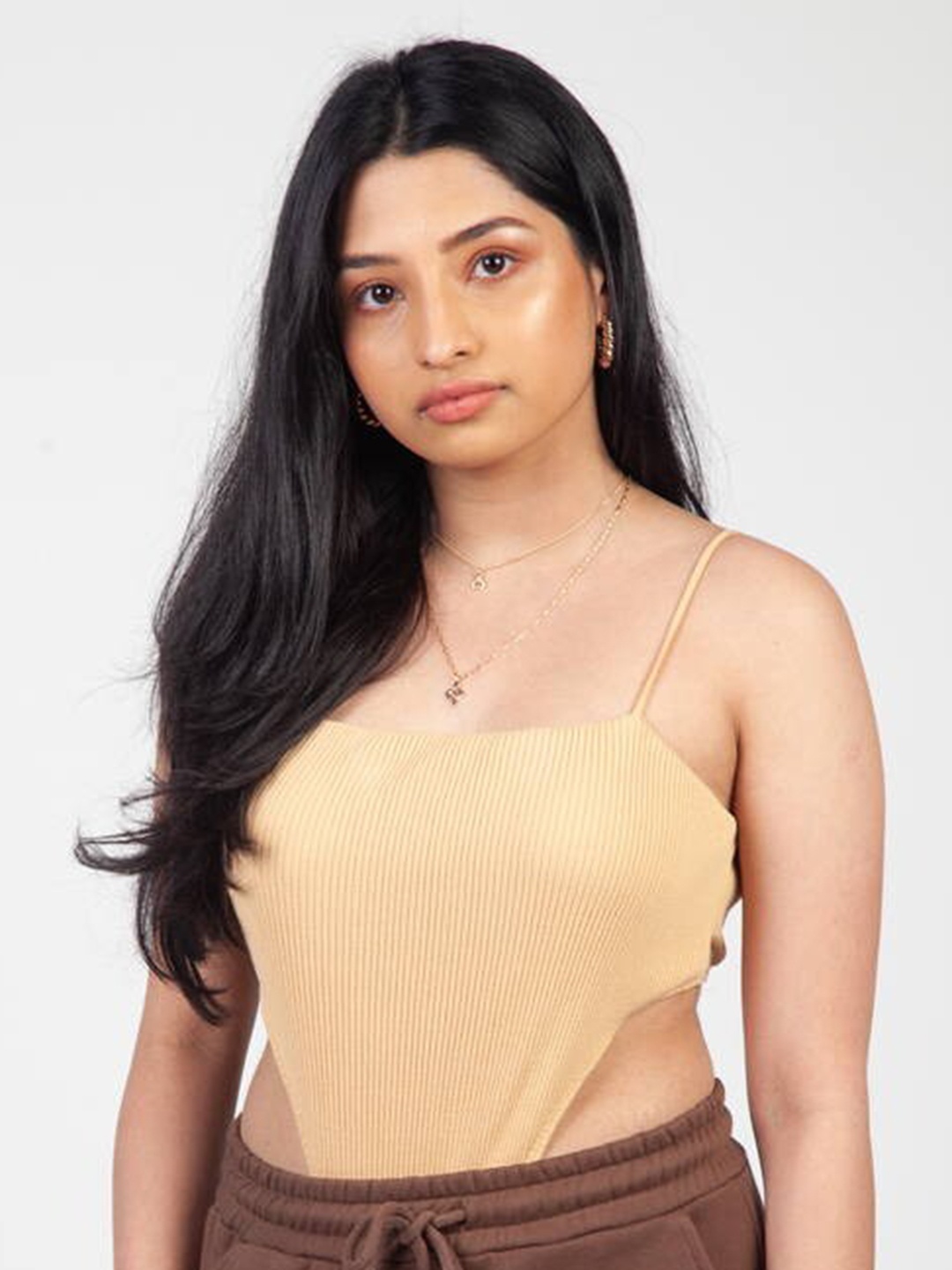 

CAVA Shoulder Straps Sleeveless Cotton Ribbed Cut-Out Bodysuit, Khaki