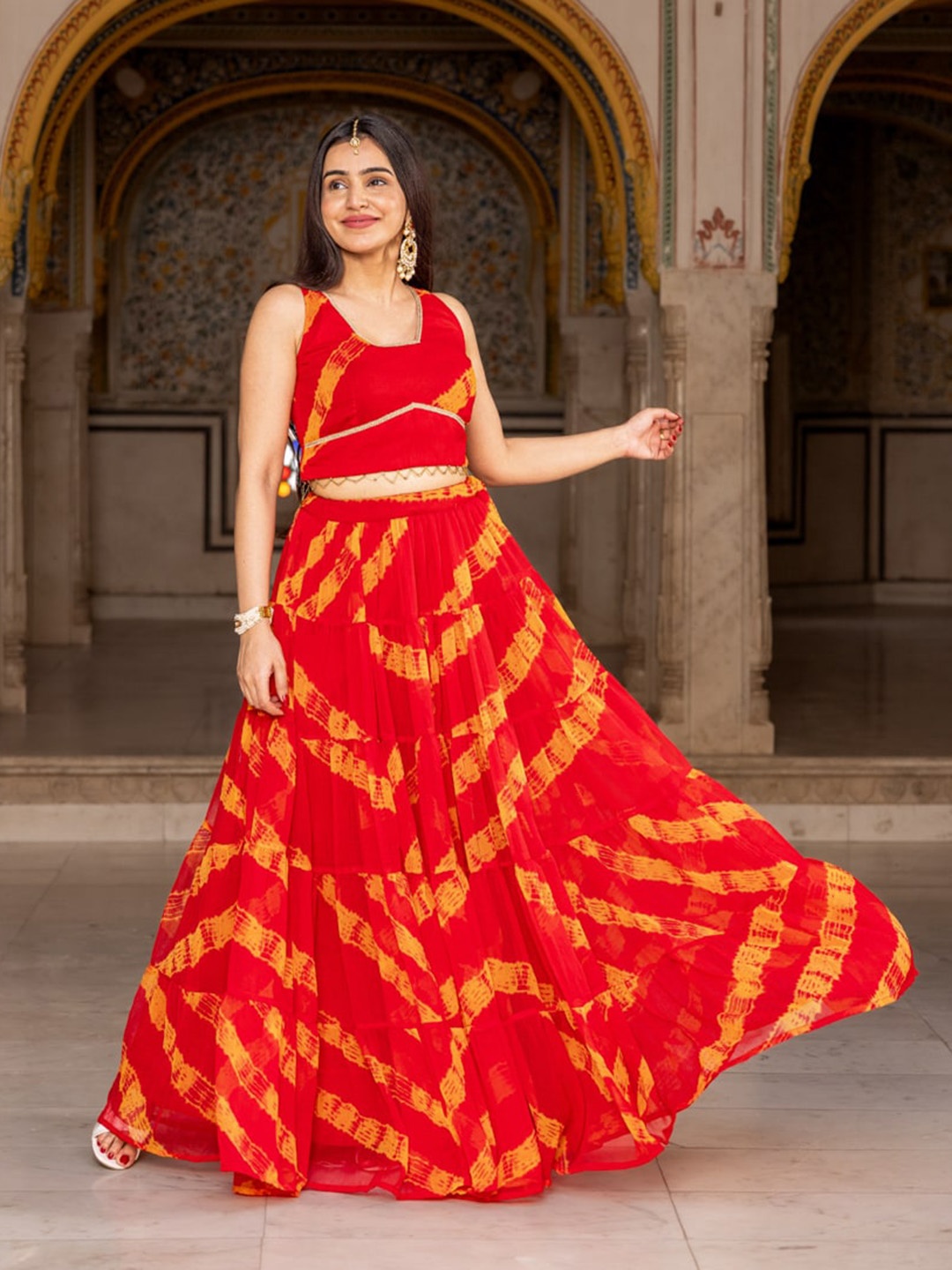 

Ambraee Printed Gotta Patti Ready to Wear Lehenga & Blouse, Red
