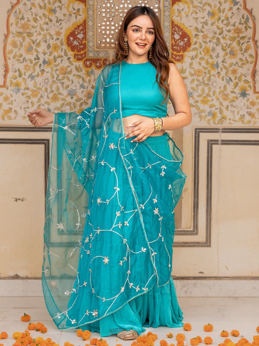 

Ambraee Ready to Wear Lehenga & Blouse With Dupatta, Turquoise blue