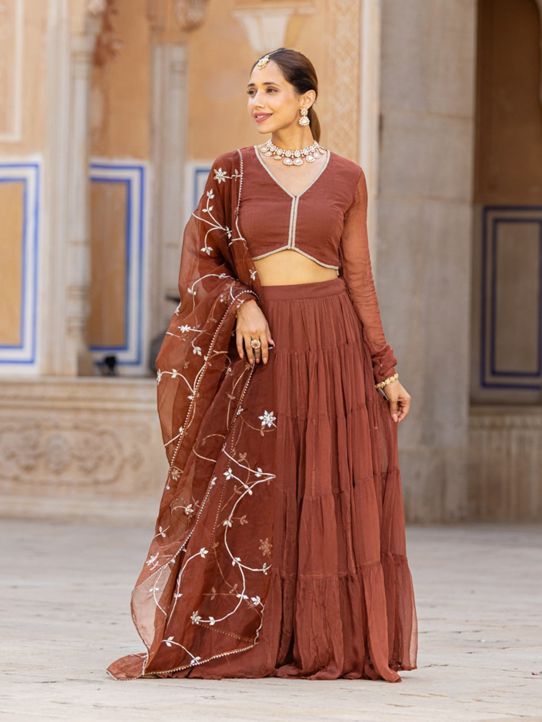

Ambraee V-Neck Long Sleeve Gotta Patti Ready to Wear Lehenga & Blouse With Dupatta, Brown