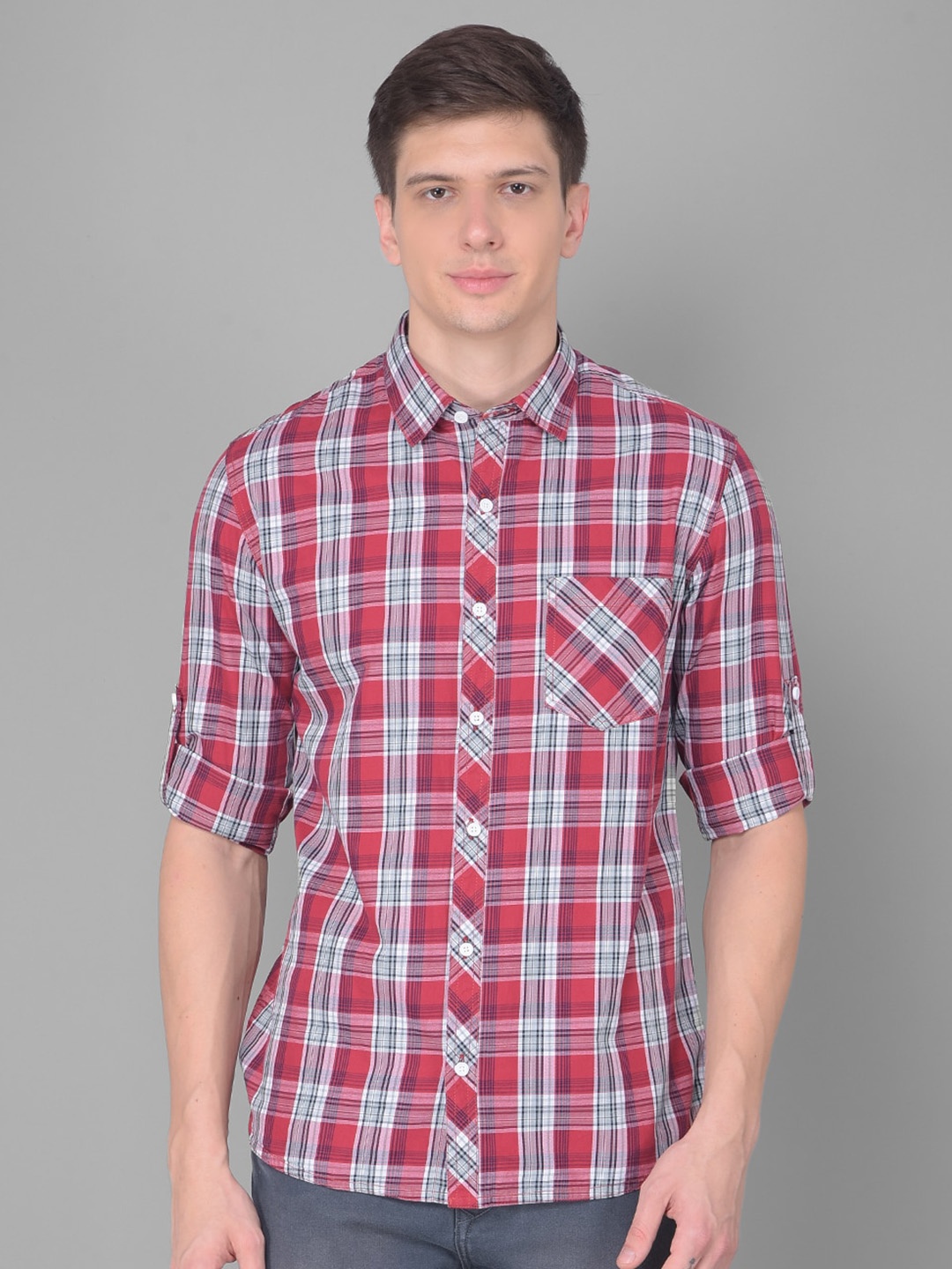

Canary London Spread Collar Smart Slim Fit Tartan Checked Casual Cotton Shirt, Red