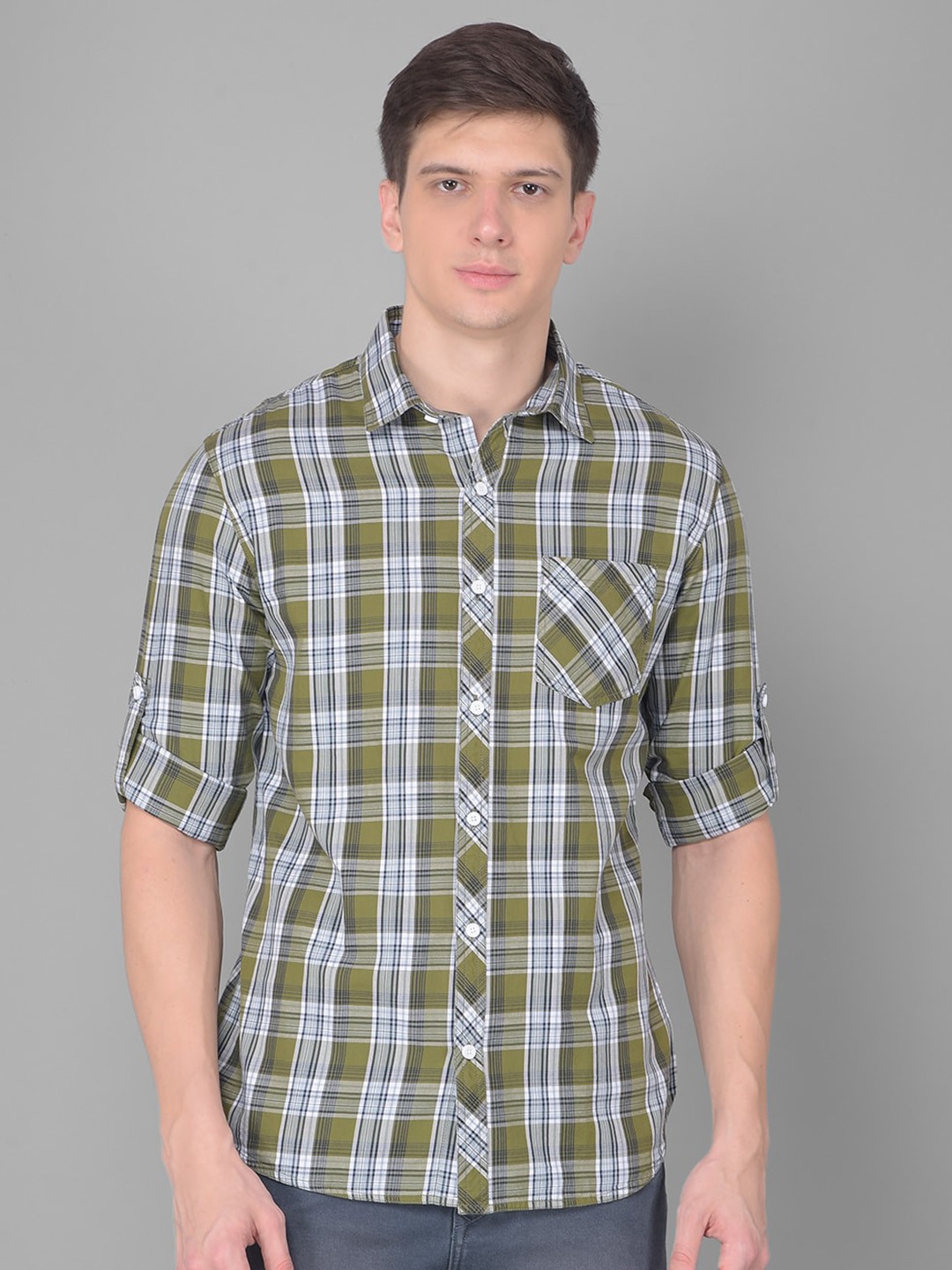 

Canary London Spread Collar Smart Slim Fit Tartan Checked Casual Cotton Shirt, Green