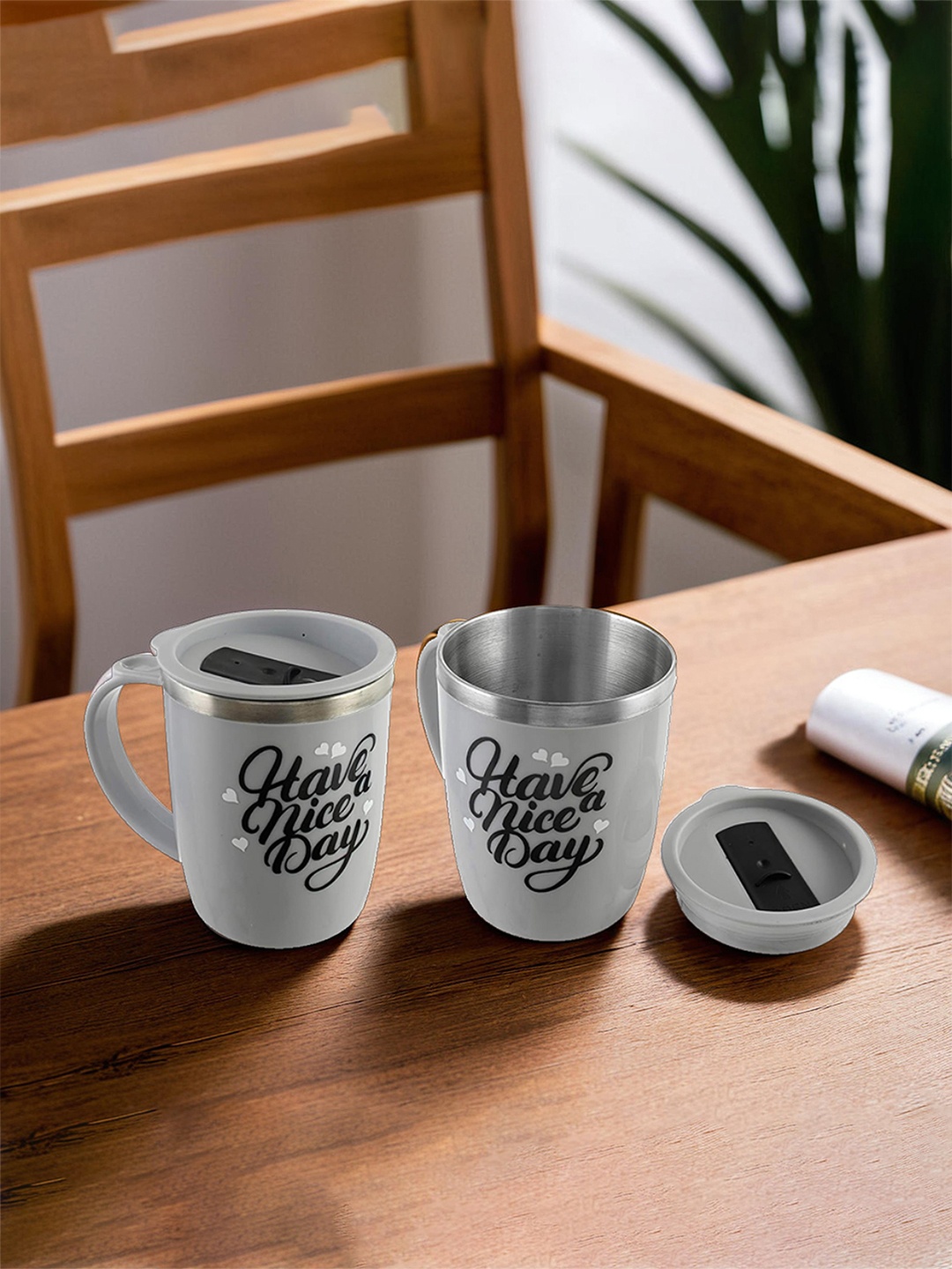 

Kuber Industries Grey & Black 2 Pieces Printed Dishwasher Safe Matte Mugs With Lid