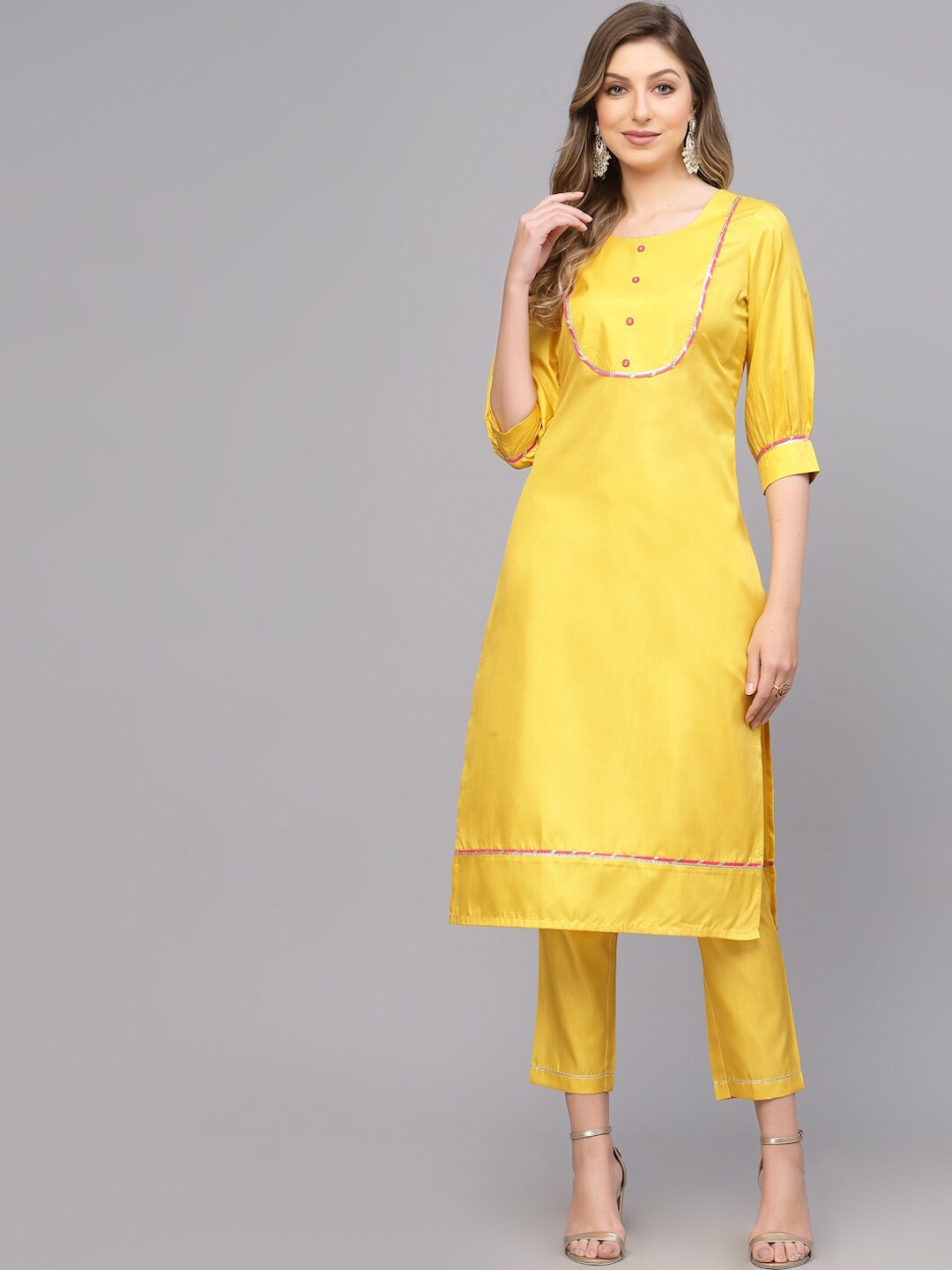 

KALINI Puffed Sleeves Kurta With Trousers, Yellow