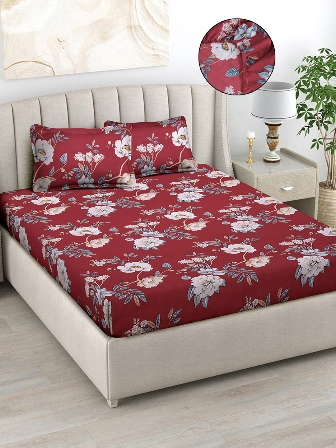 

FABINALIV Maroon & Grey Printed 300 TC Fitted King Bedsheet with 2 Pillow Covers