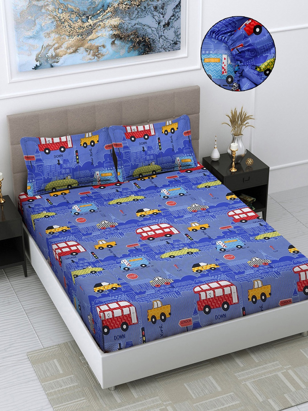 

FABINALIV Blue & Red Cartoon Print 300 TC Fitted King Bedsheet & 2 Pillow Covers