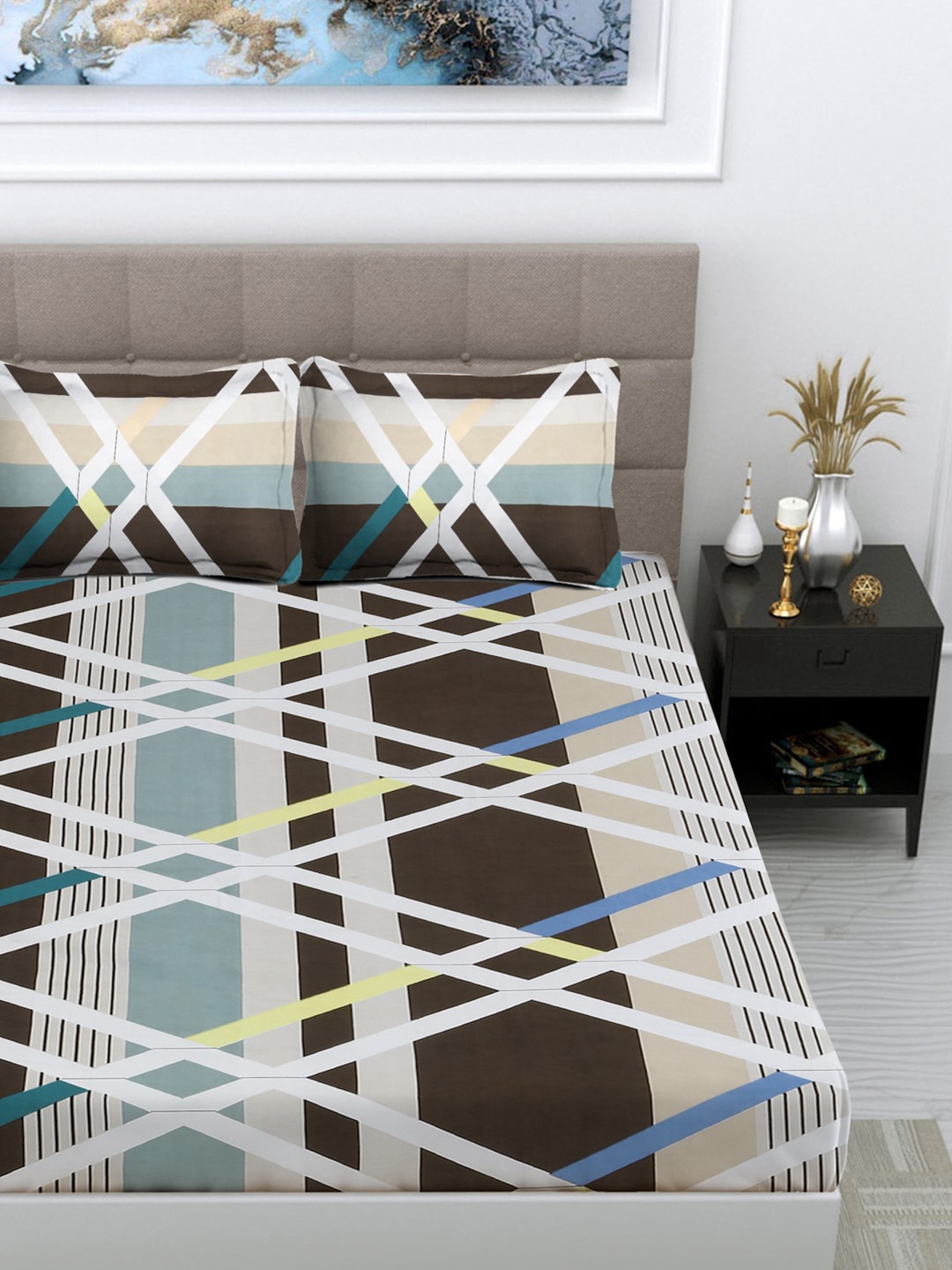 

FABINALIV Blue & Brown Geometric Print 300 TC Fitted King Bedsheet & 2 Pillow Covers