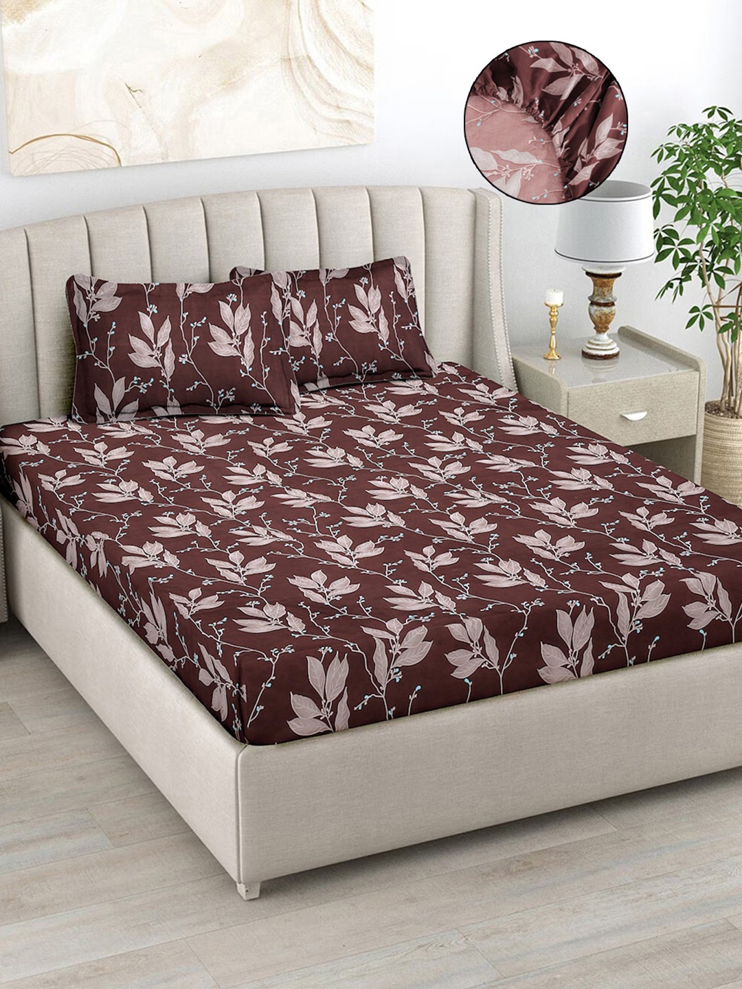 

FABINALIV Brown & White Floral Microfiber Fitted 300 TC King Bedsheet With 2 Pillow Covers