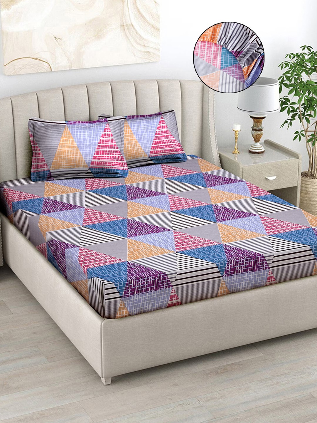 

FABINALIV Purple & Pink Geometric Print 300 TC Fitted King Bedsheet & 2 Pillow Covers