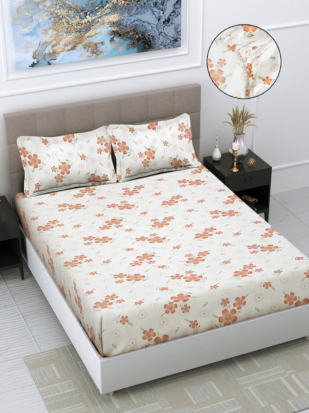 

FABINALIV White & Orange Floral Print 300 TC Fitted King Bedsheet & 2 Pillow Covers