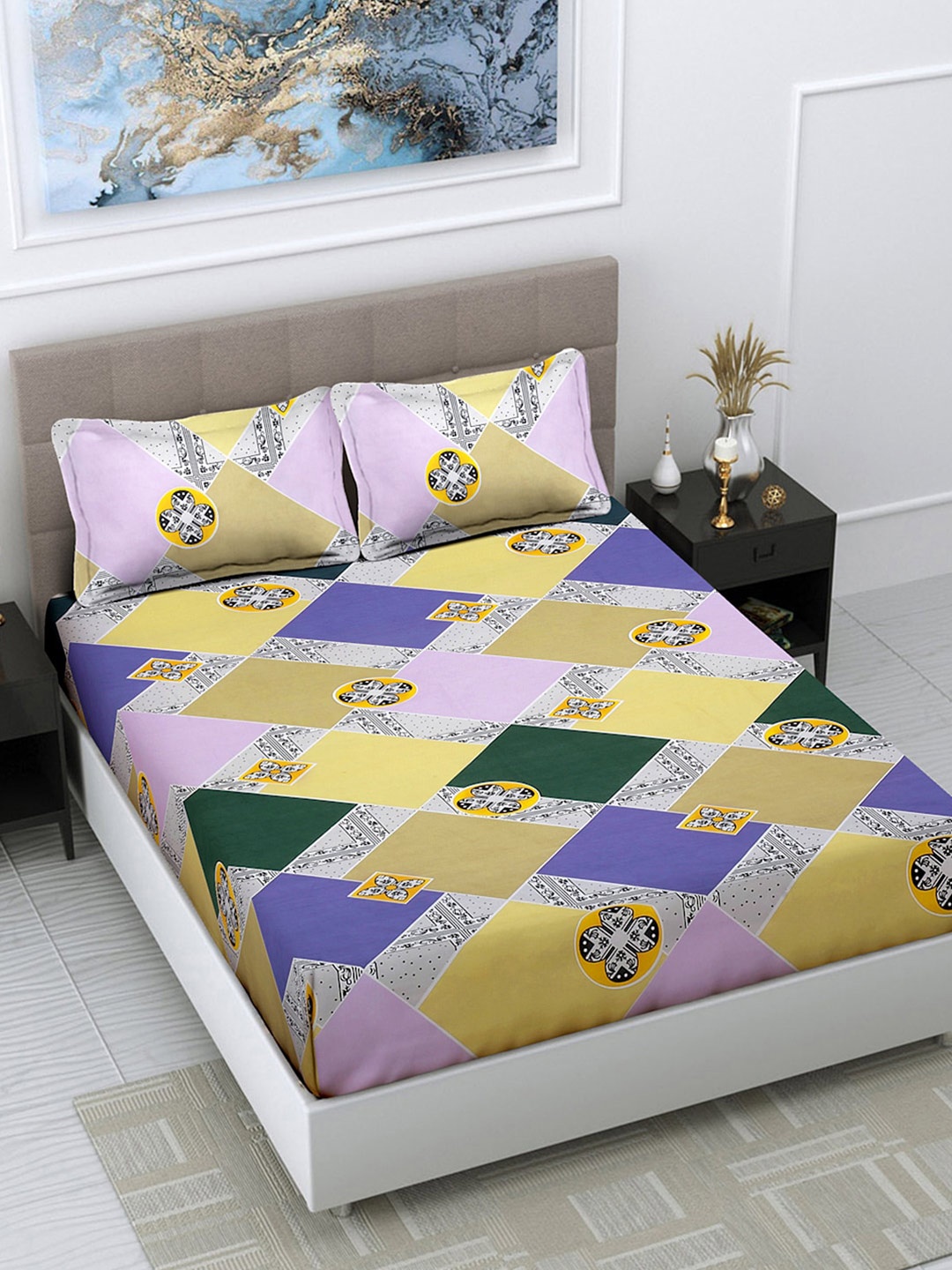 

FABINALIV Lavender & Yellow Geometric Print 300 TC King Size Bedsheet & 2 Pillow Covers