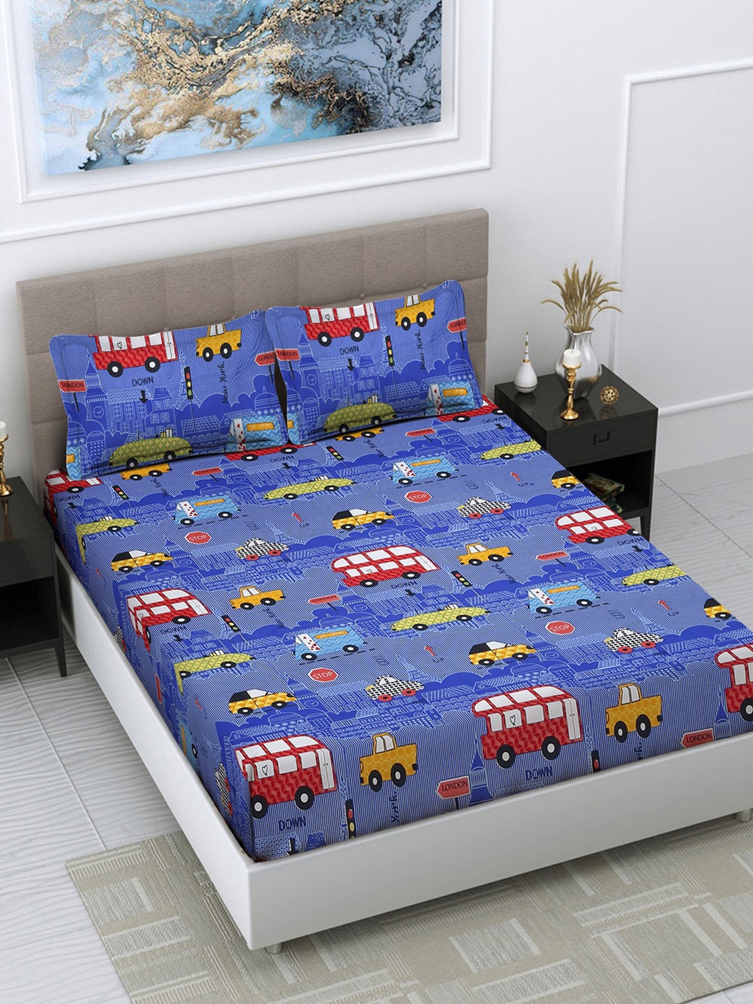 

FABINALIV Blue & Red Cartoon Print 300 TC King Size Bedsheet & 2 Pillow Covers