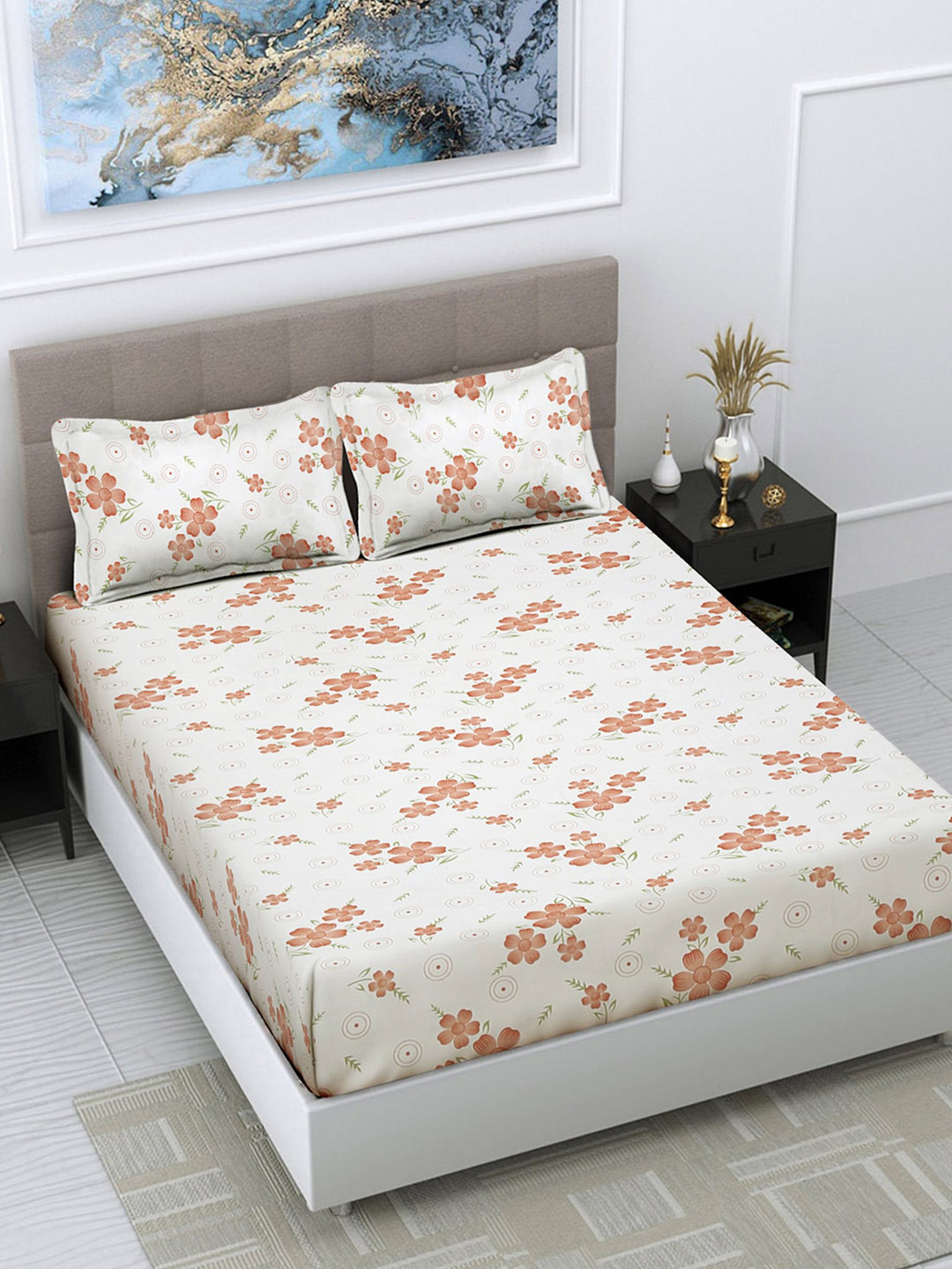 

FABINALIV White & Red Floral Print 300 TC King Size Bedsheet & 2 Pillow Covers