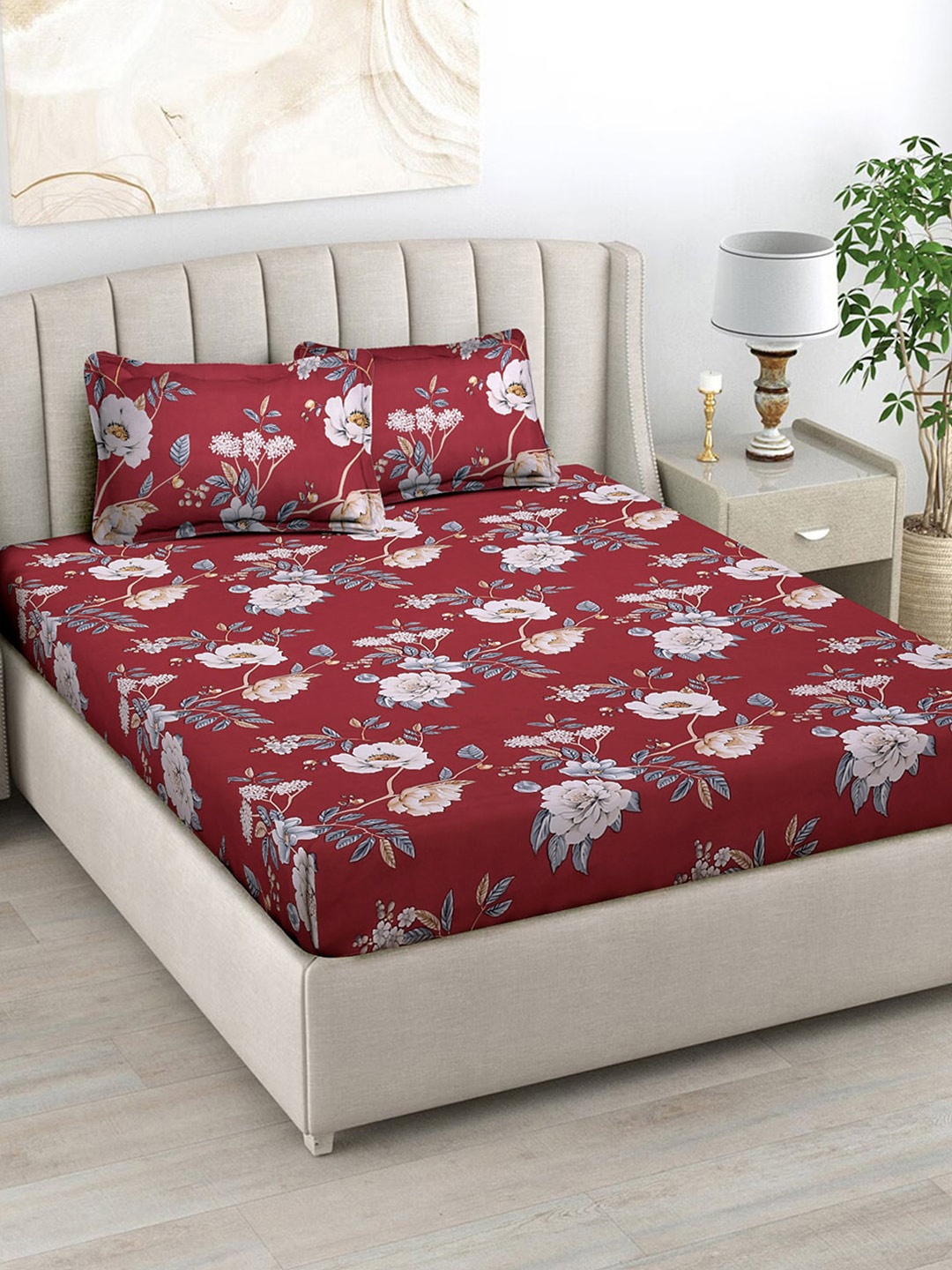 

FABINALIV Maroon & Grey Floral Print 300 TC King Size Bedsheet & 2 Pillow Covers