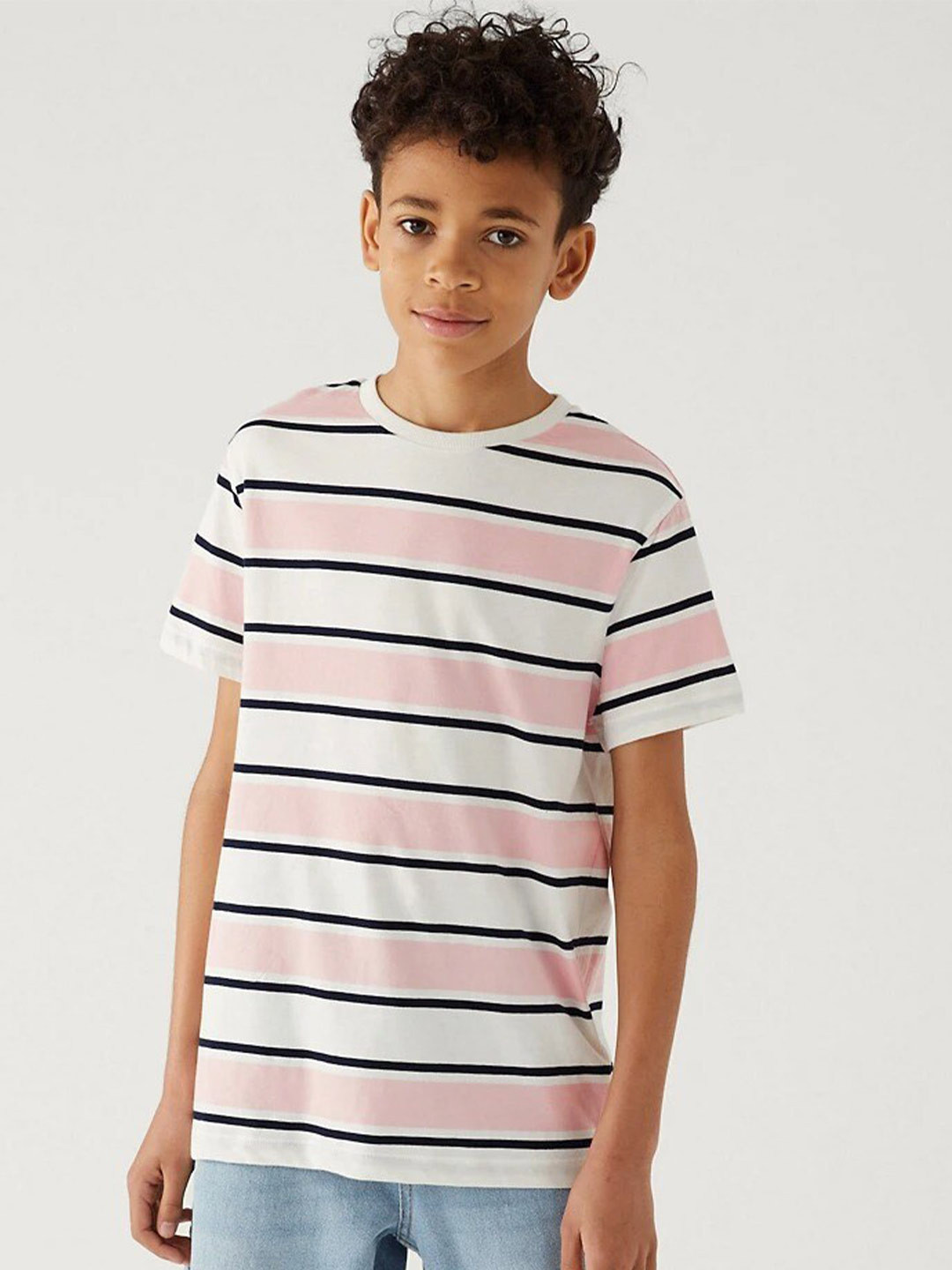 

Marks & Spencer Boys Striped Pure Cotton T-Shirt, Pink