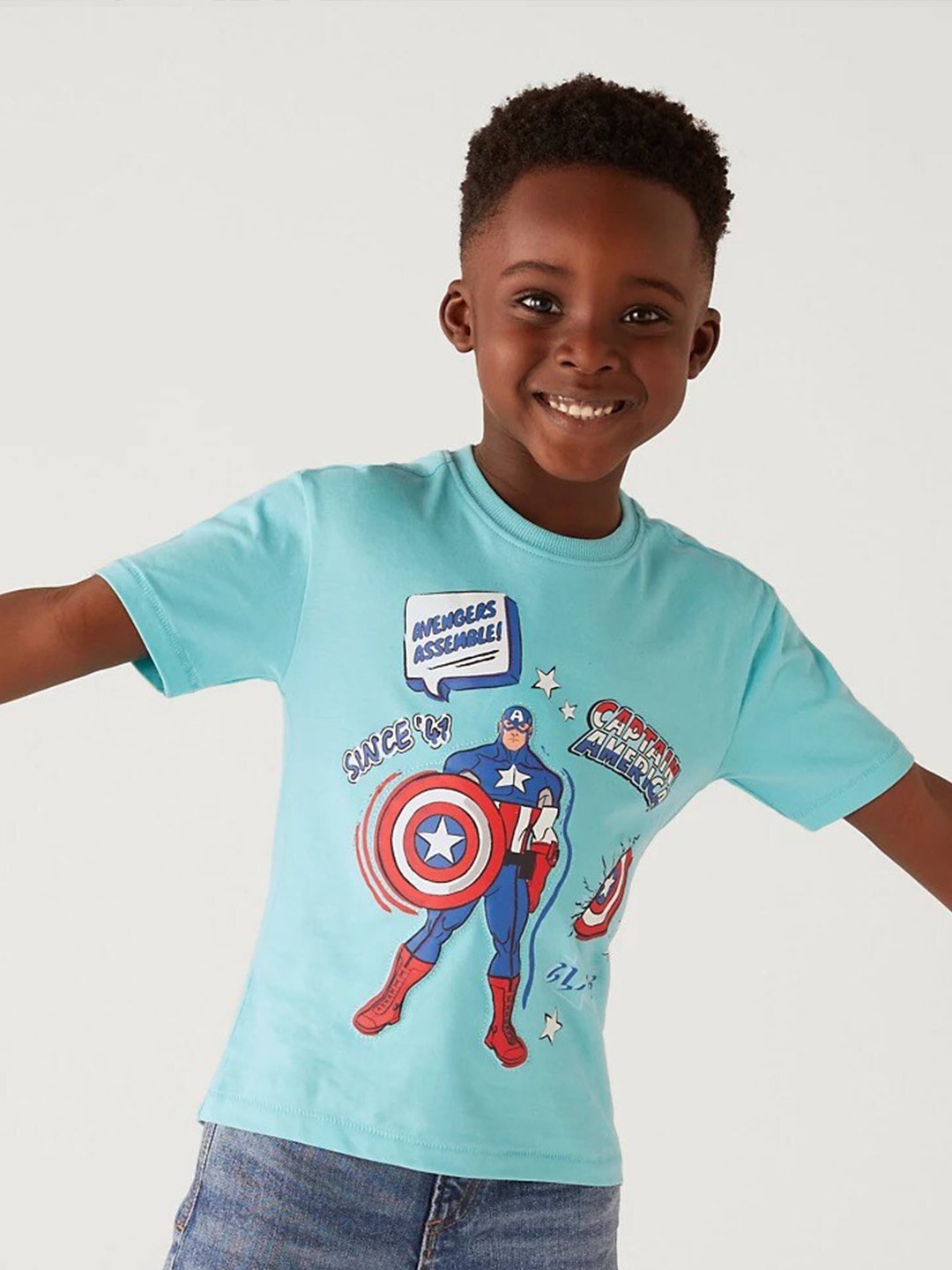 

Marks & Spencer Boys Captain America Printed Round Neck Pure Cotton T-Shirt, Blue