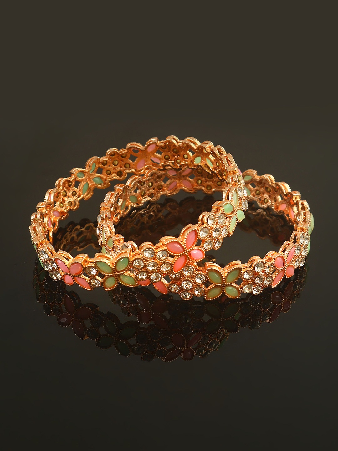 

Jewar Mandi Set Of 2 Rose Gold-Plated AD Stone-Studded Bangles