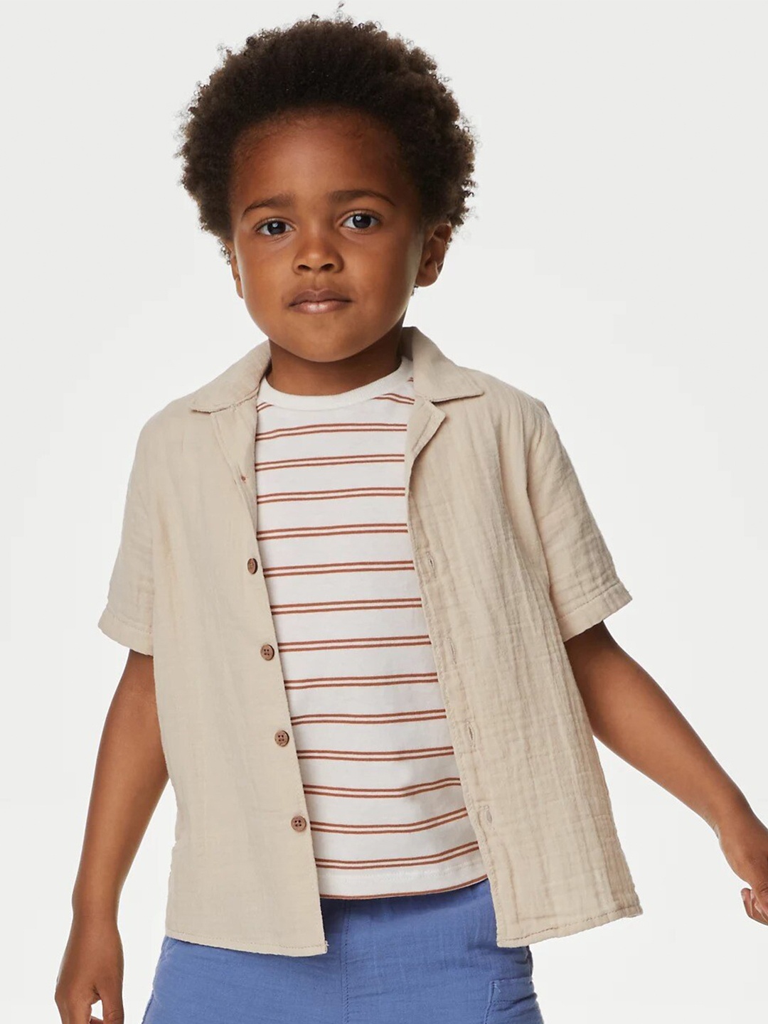 

Marks & Spencer Boys Horizontal Striped Cotton Shirt, Beige