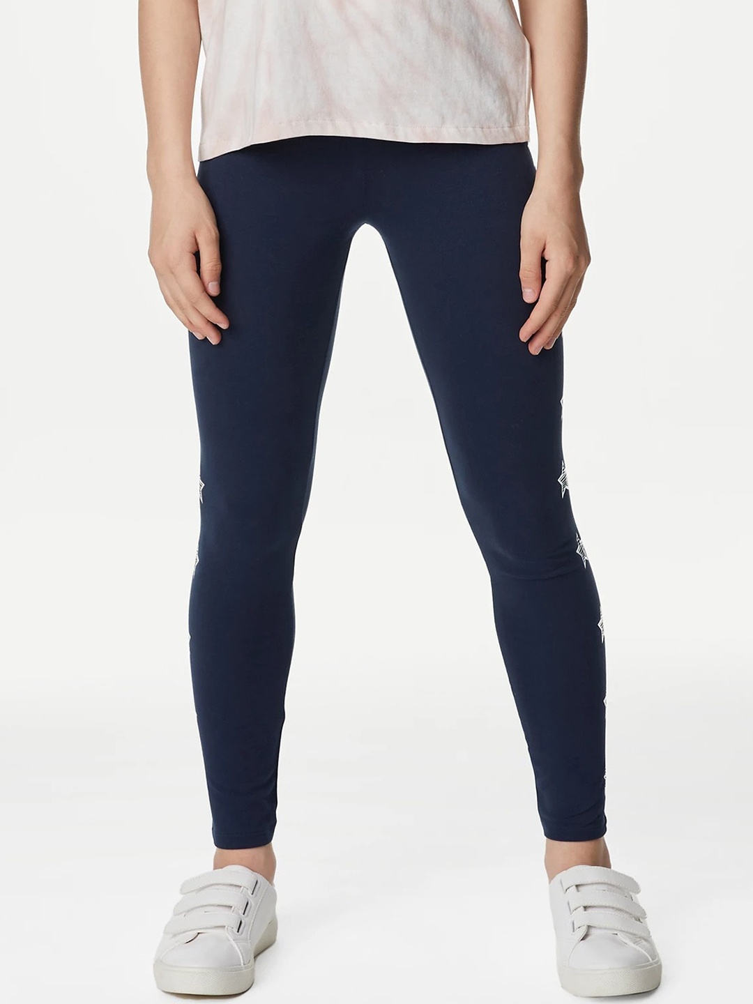 

Marks & Spencer Girls Printed Foil Star Printed Ankle-Length Leggings, Navy blue