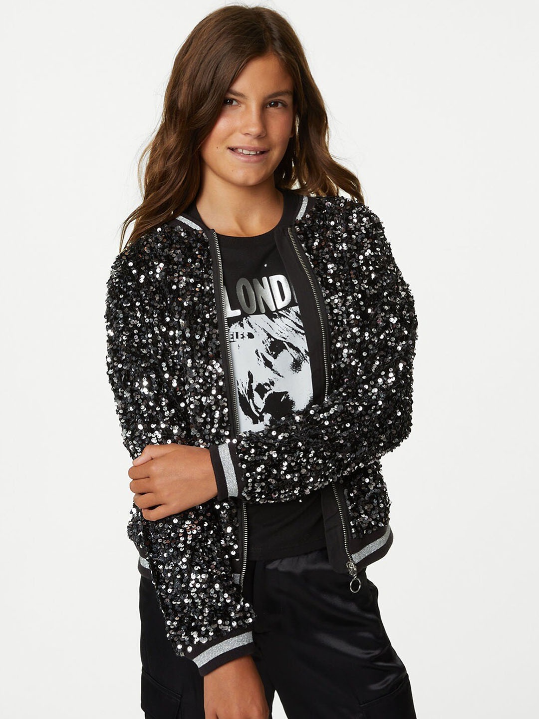 

Marks & Spencer Girls Floral Crop Bomber Jacket, Silver