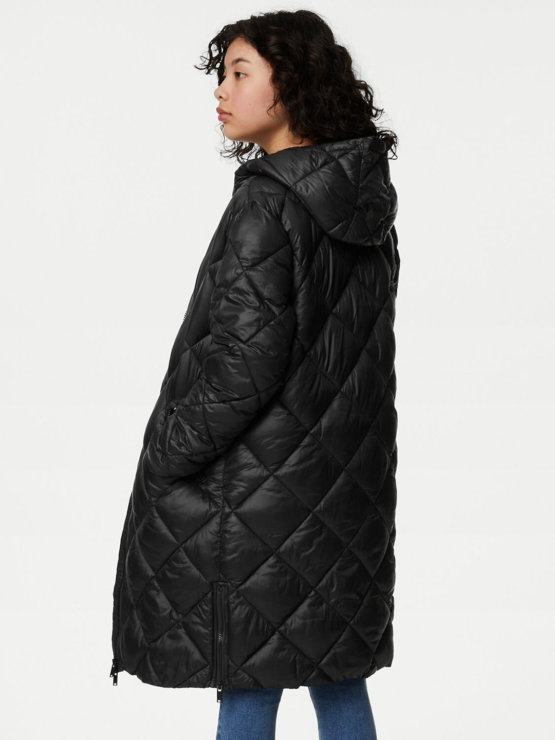 

Marks & Spencer Girls Hooded Zip Detail Longline Quilted Jacket, Black
