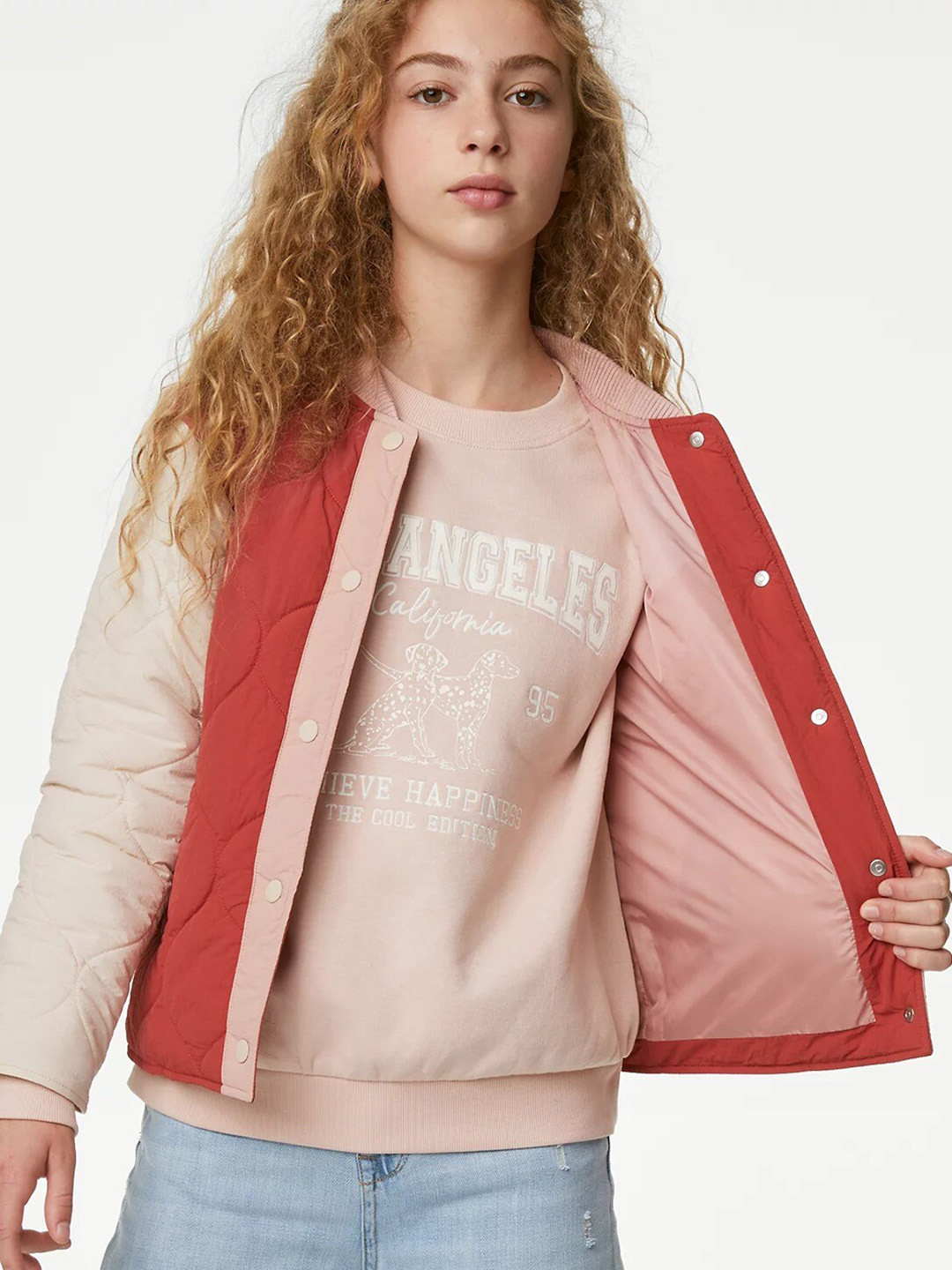 

Marks & Spencer Girls Colourblocked Mandarin Collar Bomber Jacket, Red