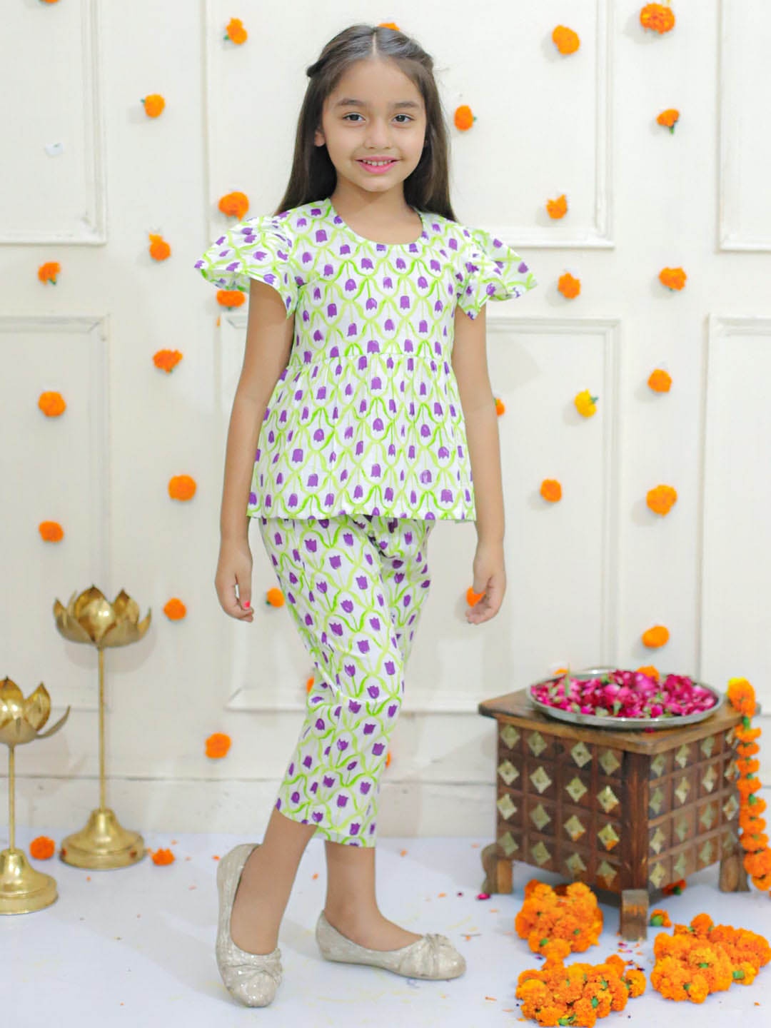 

Ka-mee Girls Printed Pure Cotton Top With Palazzos, Violet
