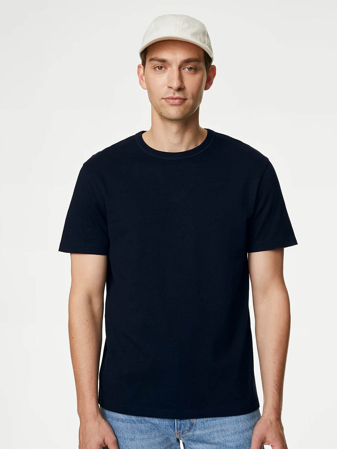 

Marks & Spencer Round Neck Drop Shoulder Sleeves Pure Cotton T-shirt, Navy blue