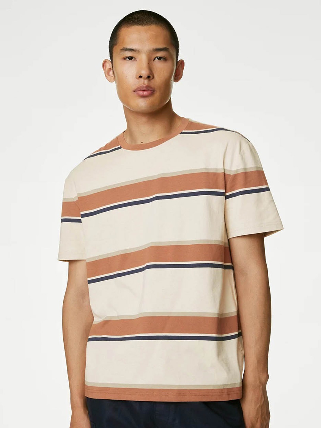 

Marks & Spencer Striped Pure Cotton T-shirt, Beige