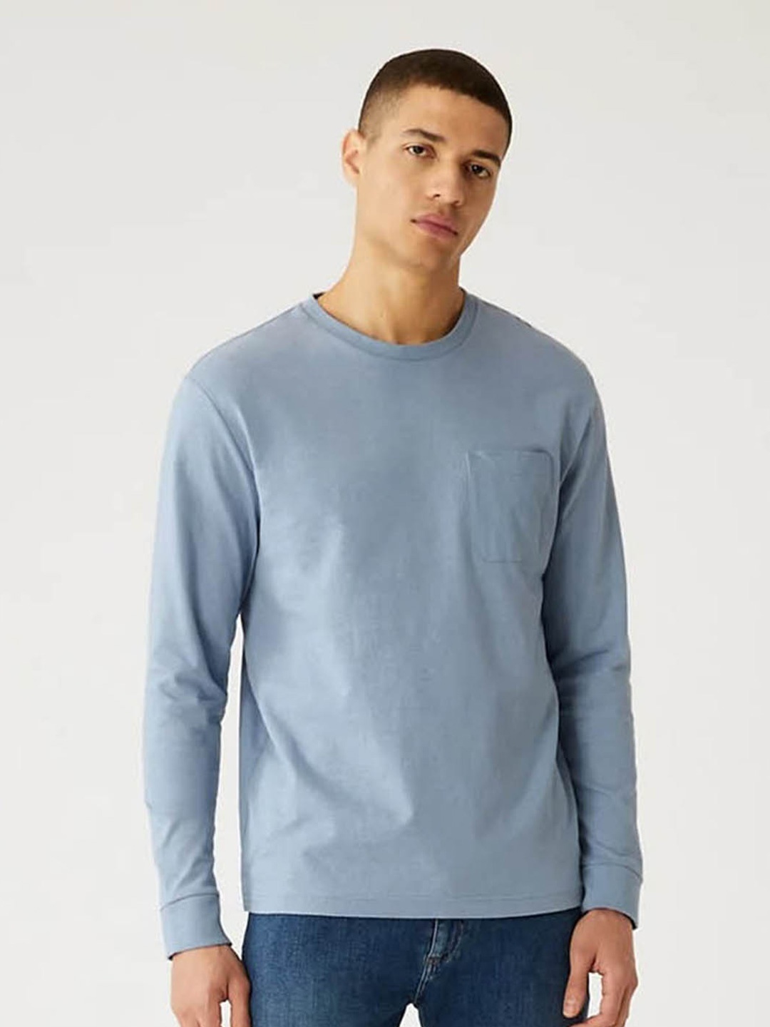 

Marks & Spencer Round Neck Pocket Detail Long Sleeves Pure Cotton T-shirt, Blue