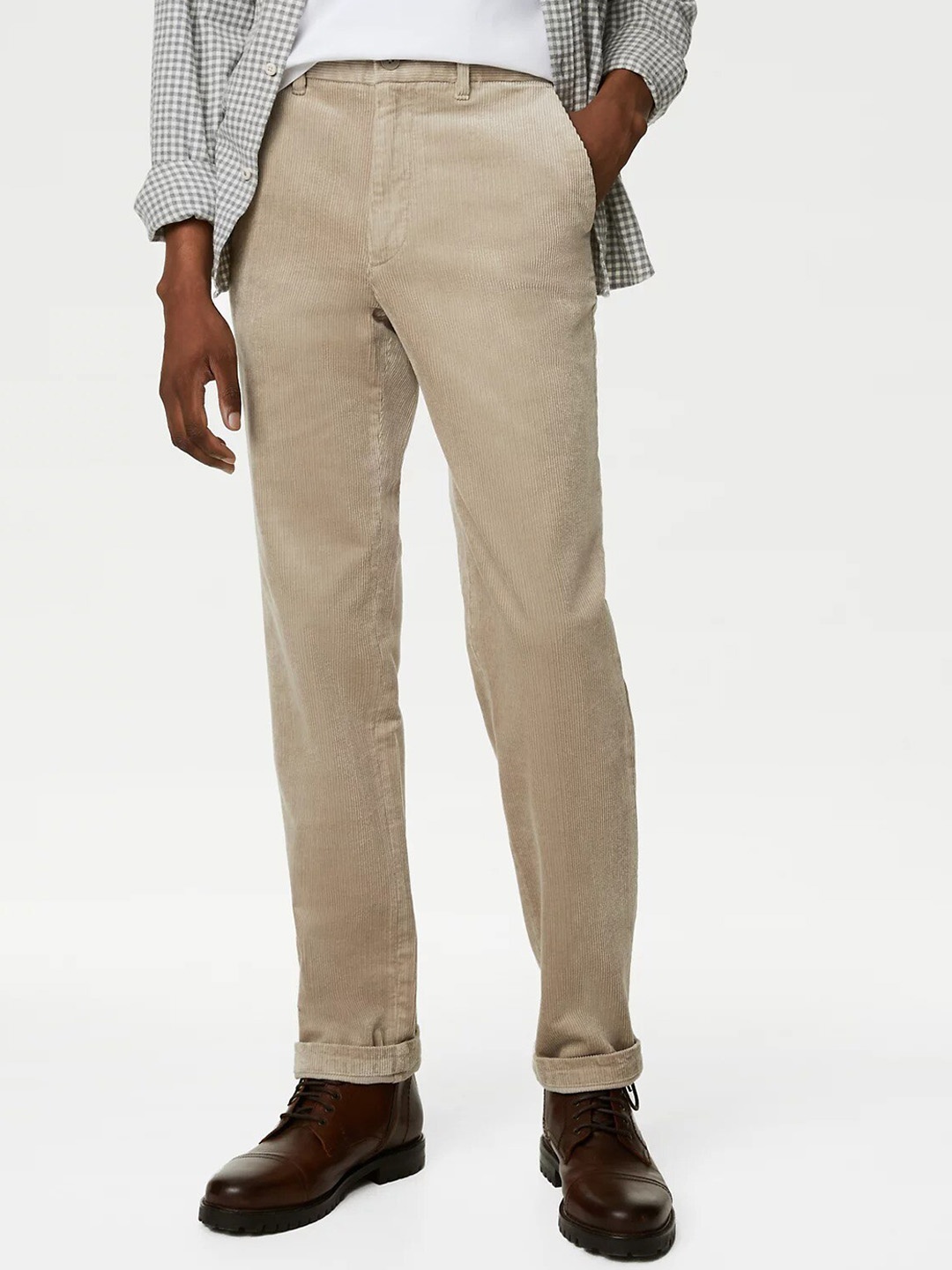 

Marks & Spencer Men Mid Rise Plain Corduroy Regular Trousers, Brown