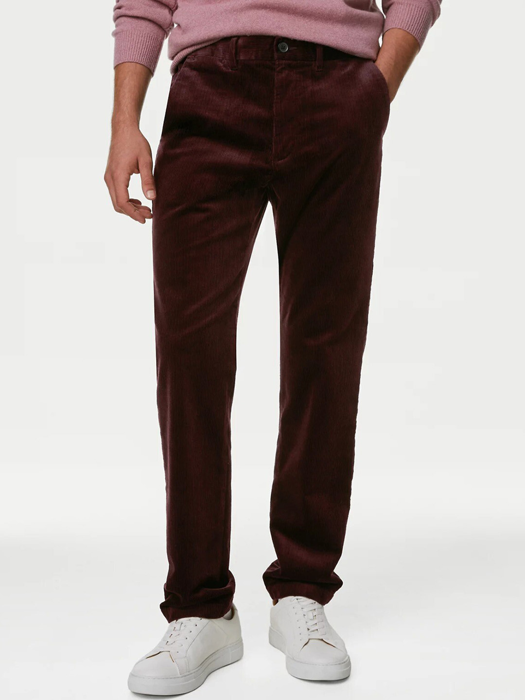 

Marks & Spencer Men Mid Rise Plain Corduroy Regular Trousers, Burgundy