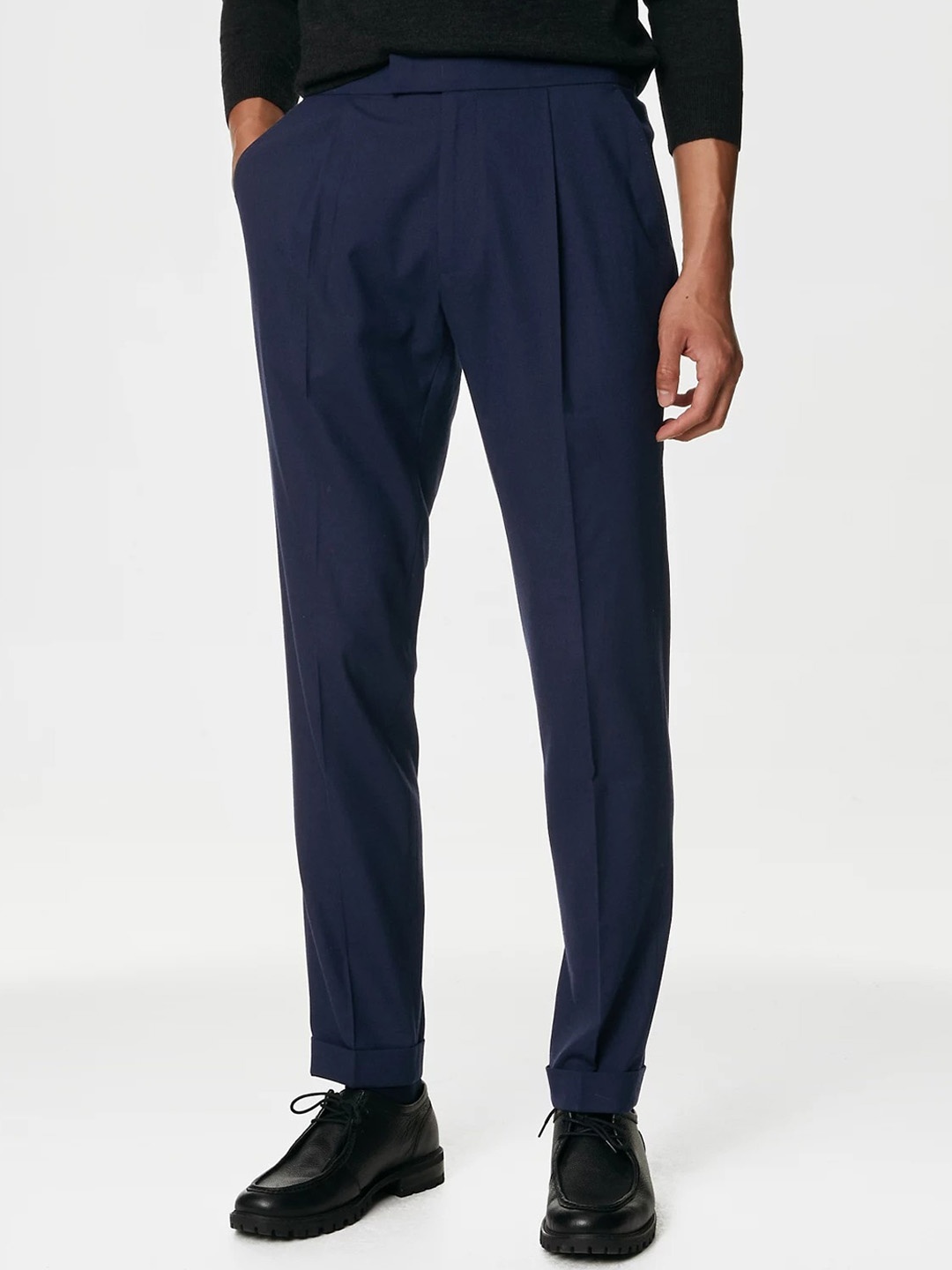 

Marks & Spencer Men Pleated Straight Fit Formal Trousers, Navy blue