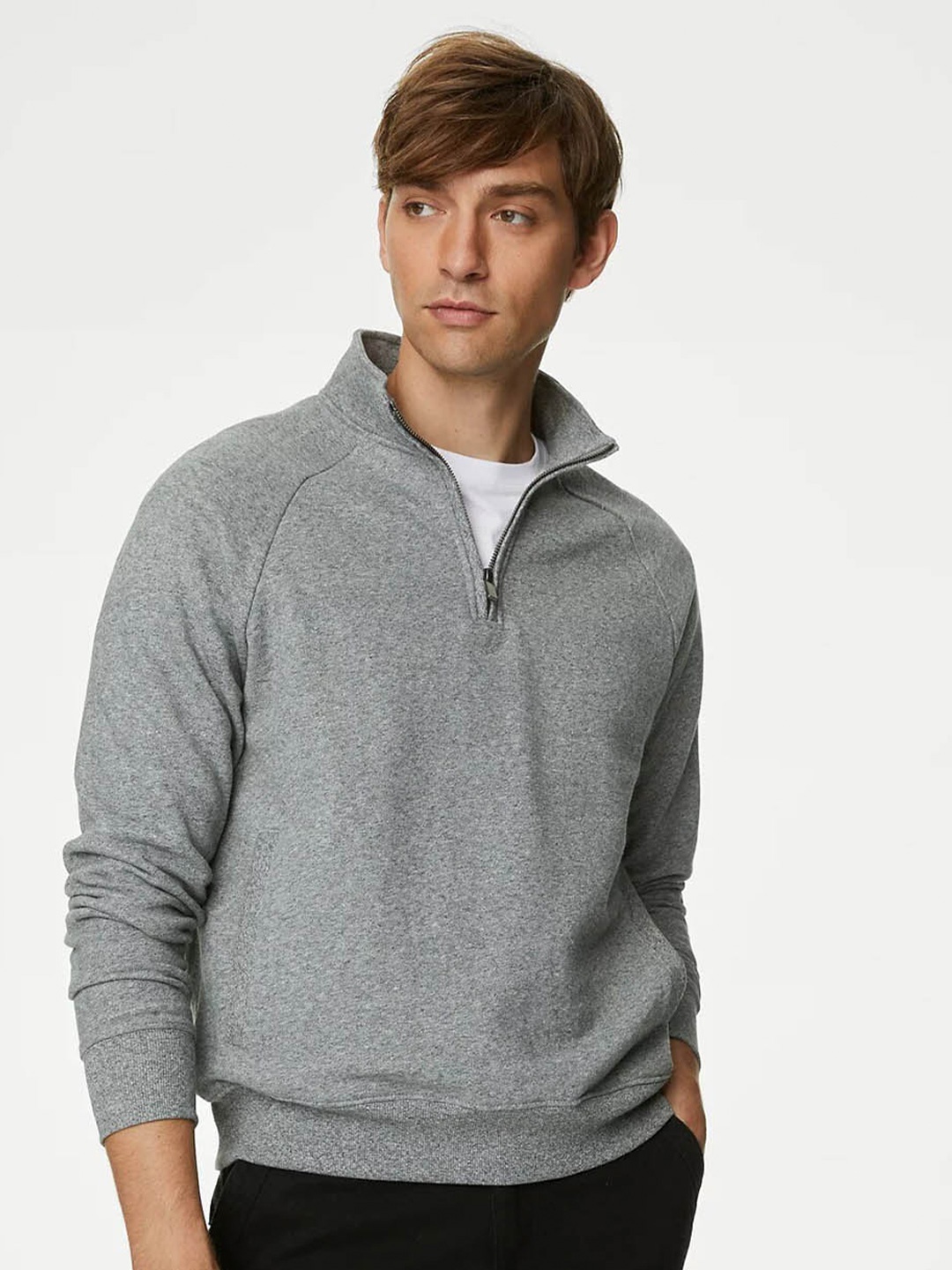 

Marks & Spencer Mock Collar Half Zipper Pure Cotton Pullover Sweatshirt, Grey