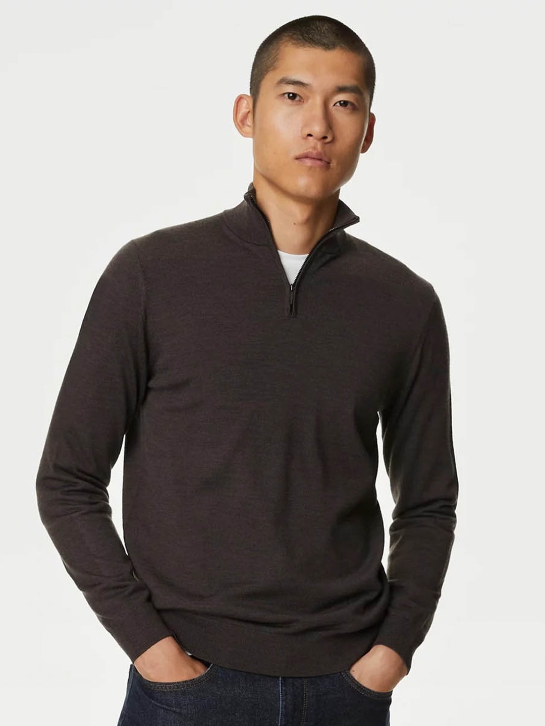 

Marks & Spencer Mock Collar Half Zipper Woollen Pullover Sweater, Brown