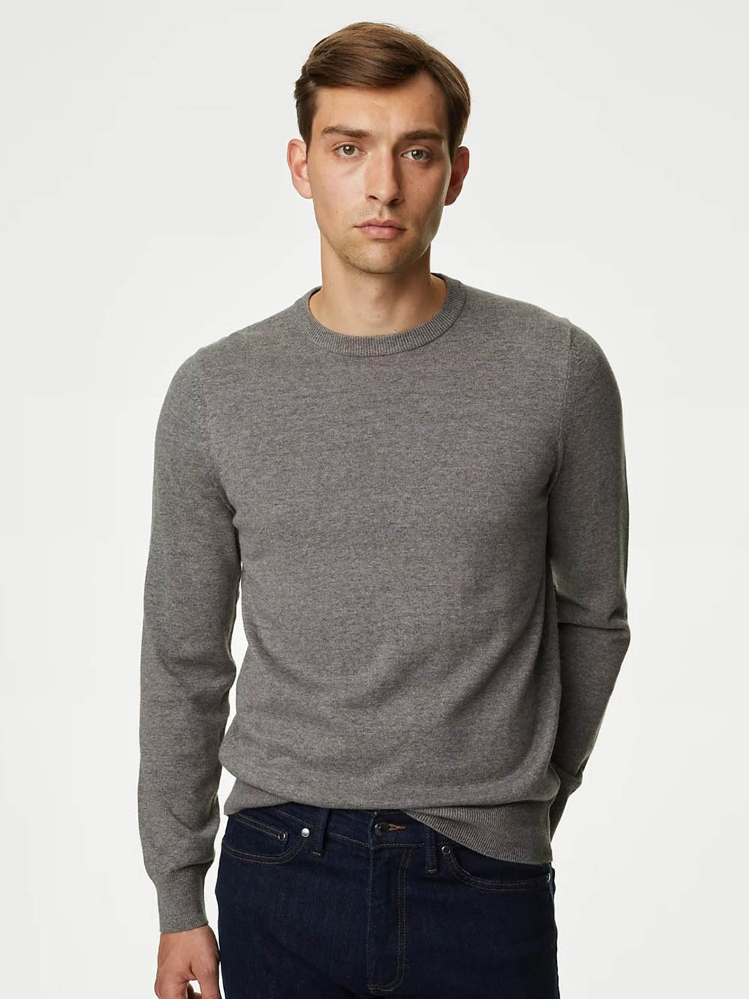 

Marks & Spencer Round Neck Pure Cotton Pullover Sweater, Grey