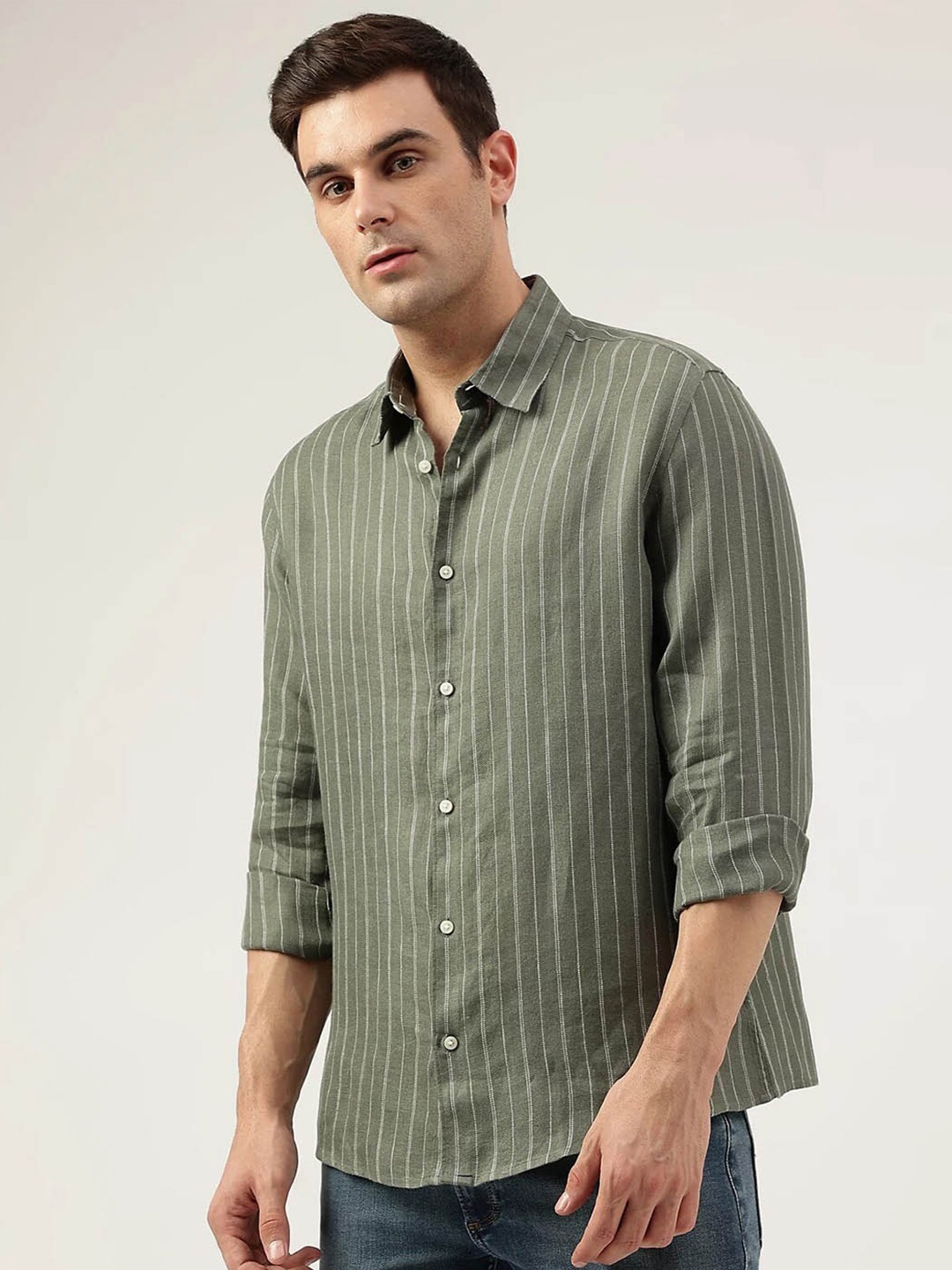 

Marks & Spencer Vertical Striped Pure Linen Casual Shirt, Green