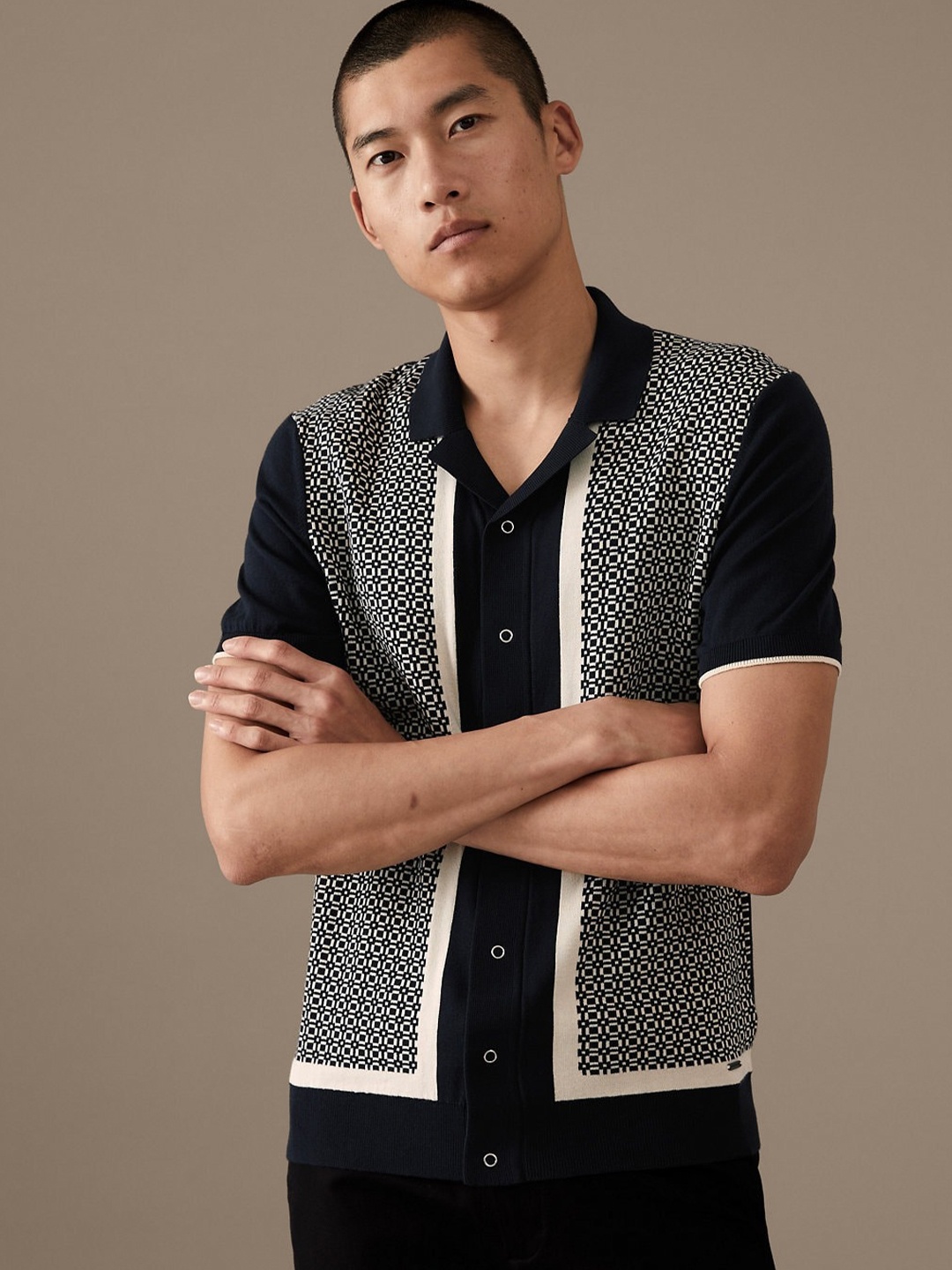 

Marks & Spencer Geometric Self Design Casual Shirt, Navy blue