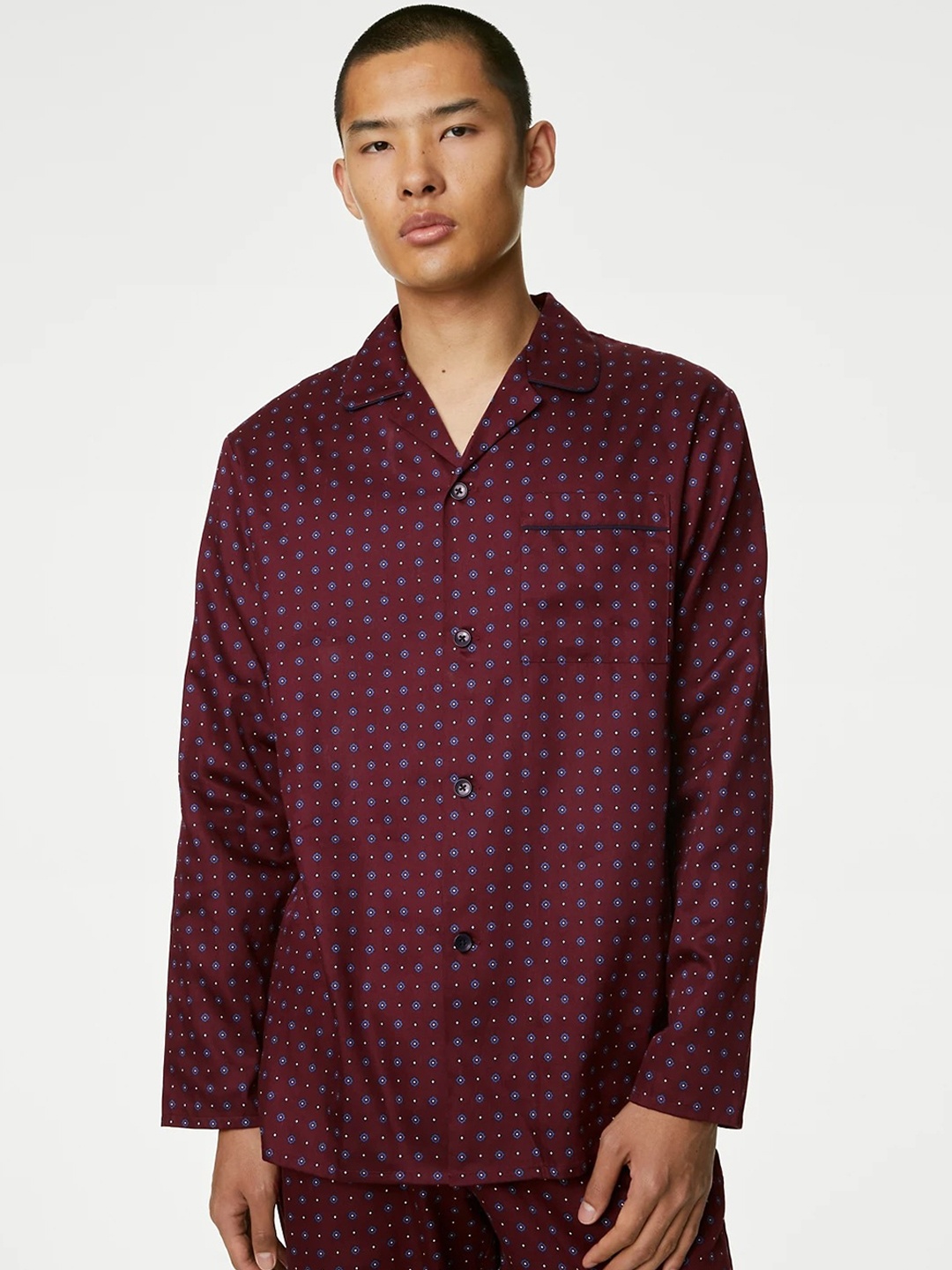 

Marks & Spencer Abstract Printed Lapel Collar Pure Collar Shirt With Lounge Pants, Maroon