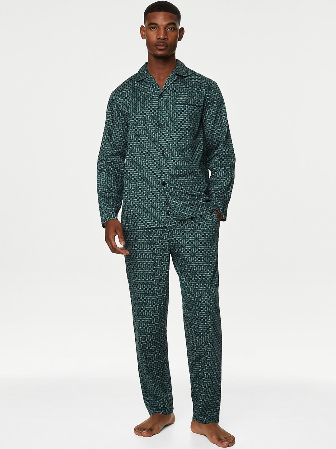 

Marks & Spencer Abstract Printed Lapel Collar Pure Cotton Shirt With Lounge Pants, Green