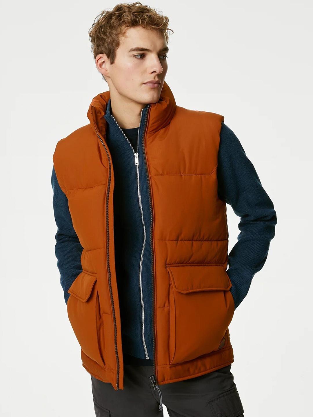 

Marks & Spencer Colourblocked Lightweight Padded Jacket with Patchwork, Orange